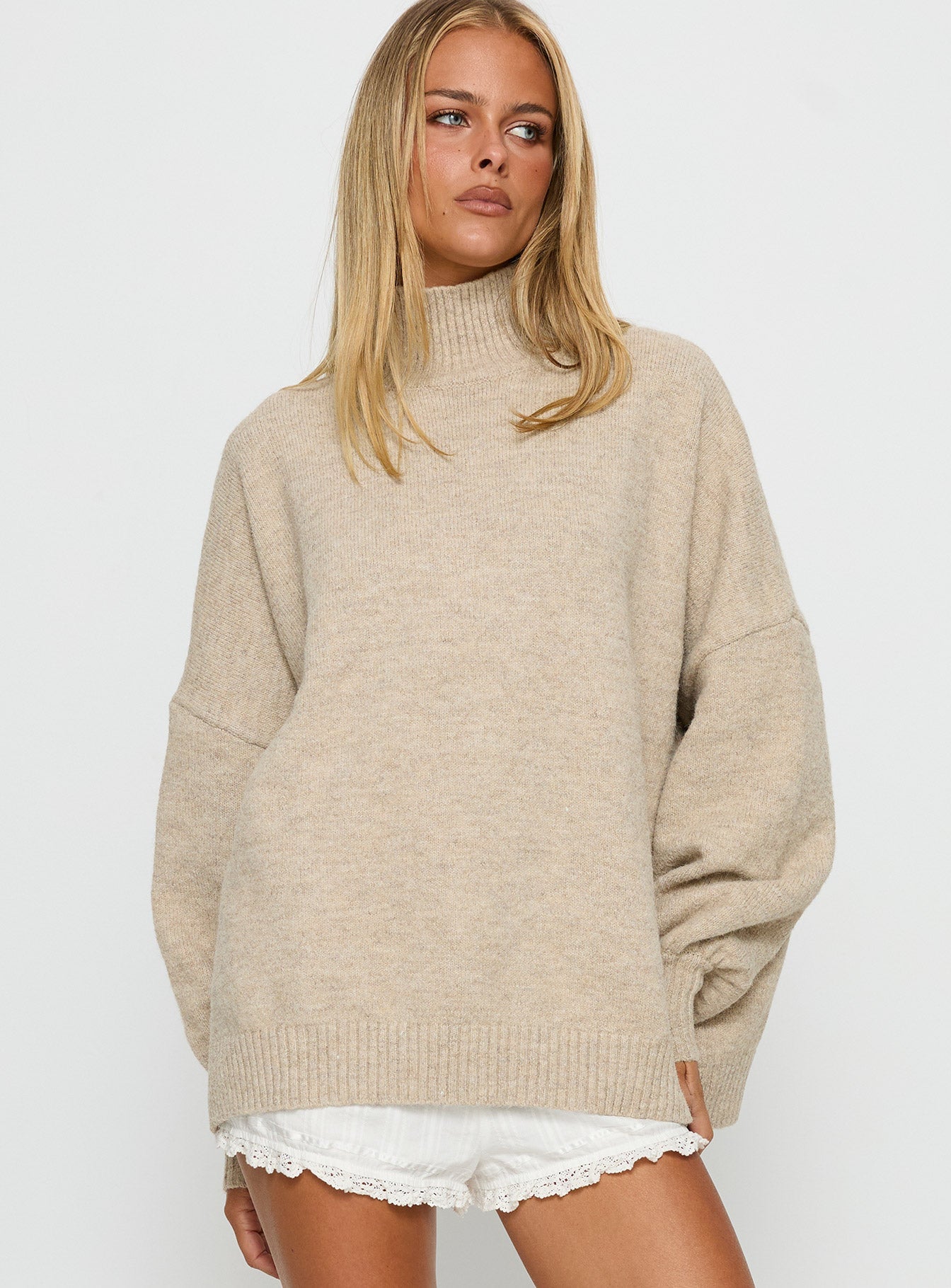 Patrizia Funnel Neck Knit Sweater Beige women's sweater by Ellevoria