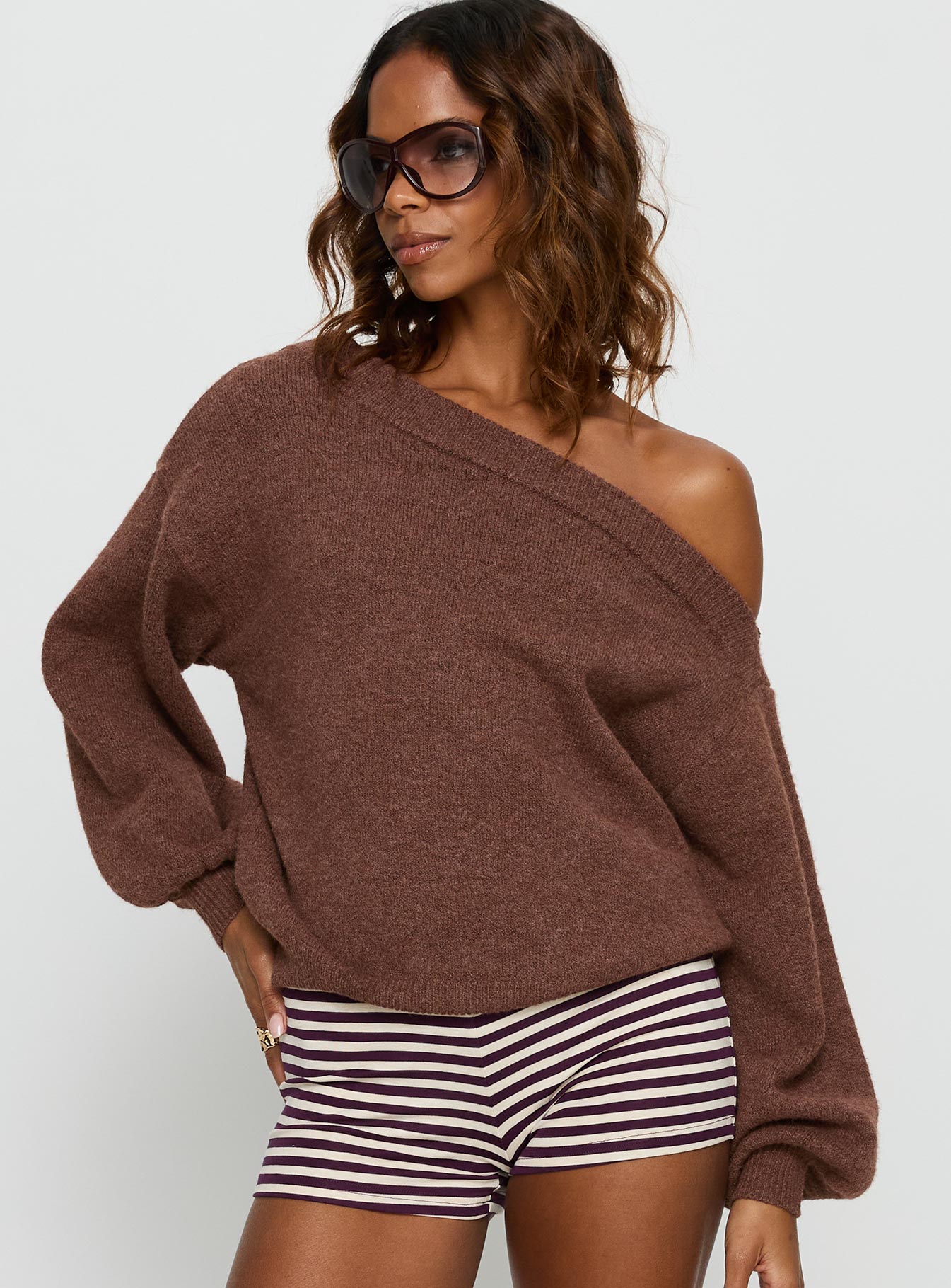 Noble Off The Shoulder Sweater Chocolate women's sweater by Ellevoria