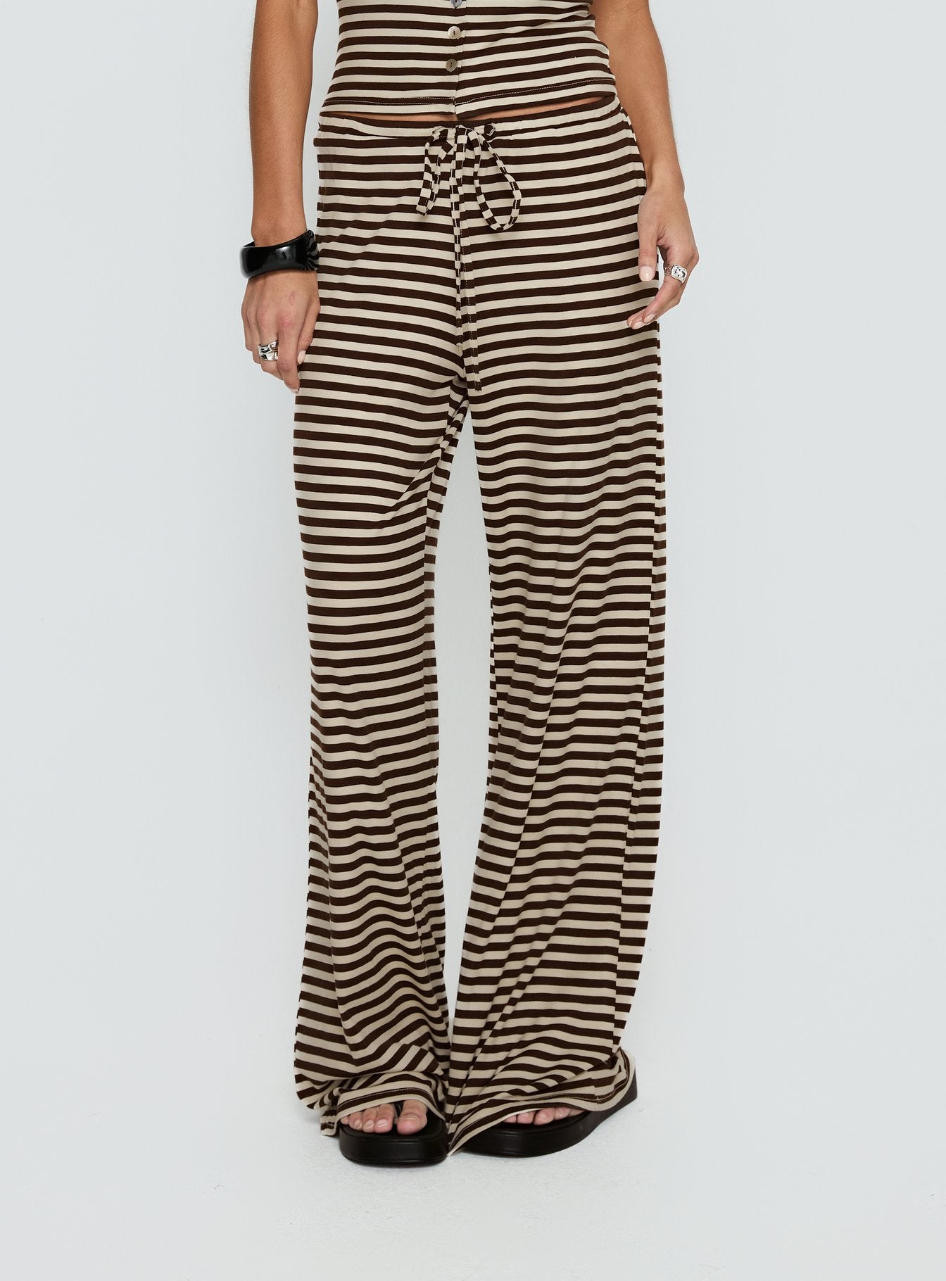 Gavrielle Jersey Wide Leg Pants Chocolate / Cream Stripe - loose fit women's bottoms by Ellevoria