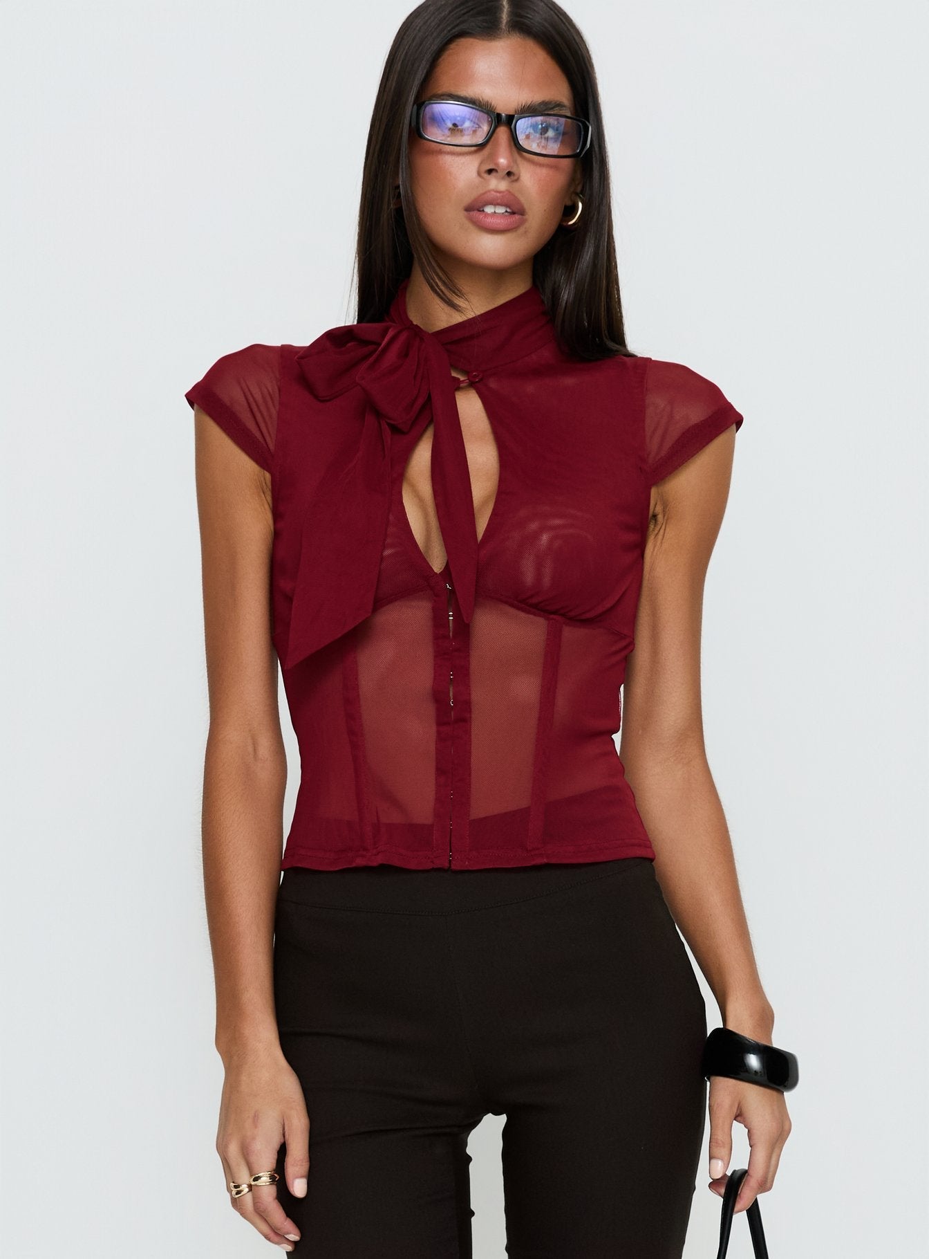 Anistasia Mesh Keyhole Corset Top Burgundy - women's top by Ellevoria - view 2