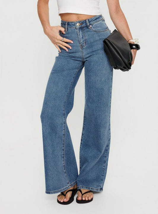 Thearlie High Rise Flared Jeans Mid Blue Wash women's denim jeans by Ellevoria