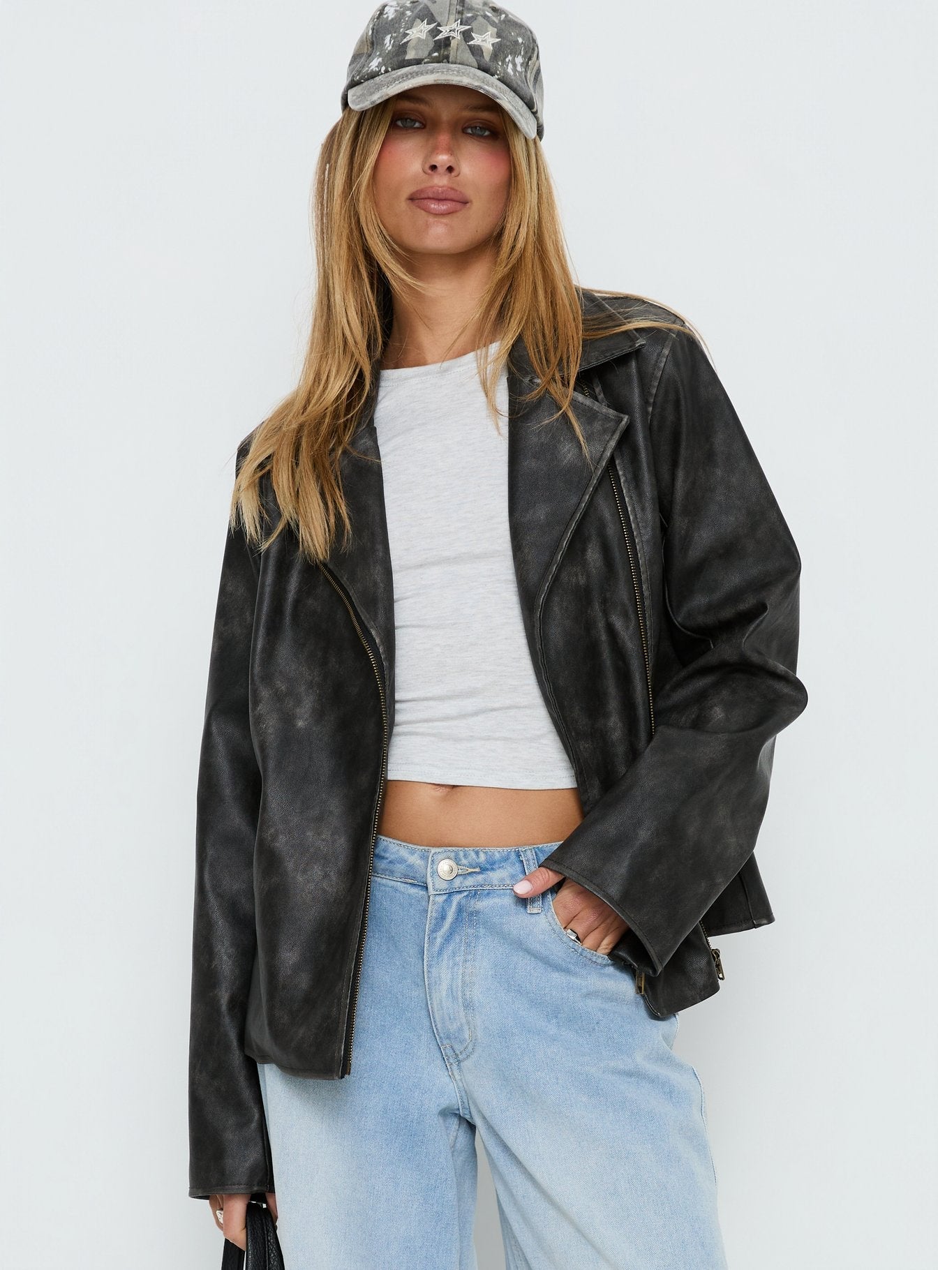 Vyolette Faux Leather Collared Jacket Washed Black women's jacket by Ellevoria