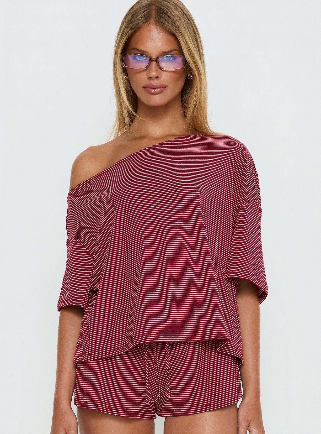 Sugar Surge Off Shoulder Sleep Top Cherry Stripe women's matching set by Ellevoria