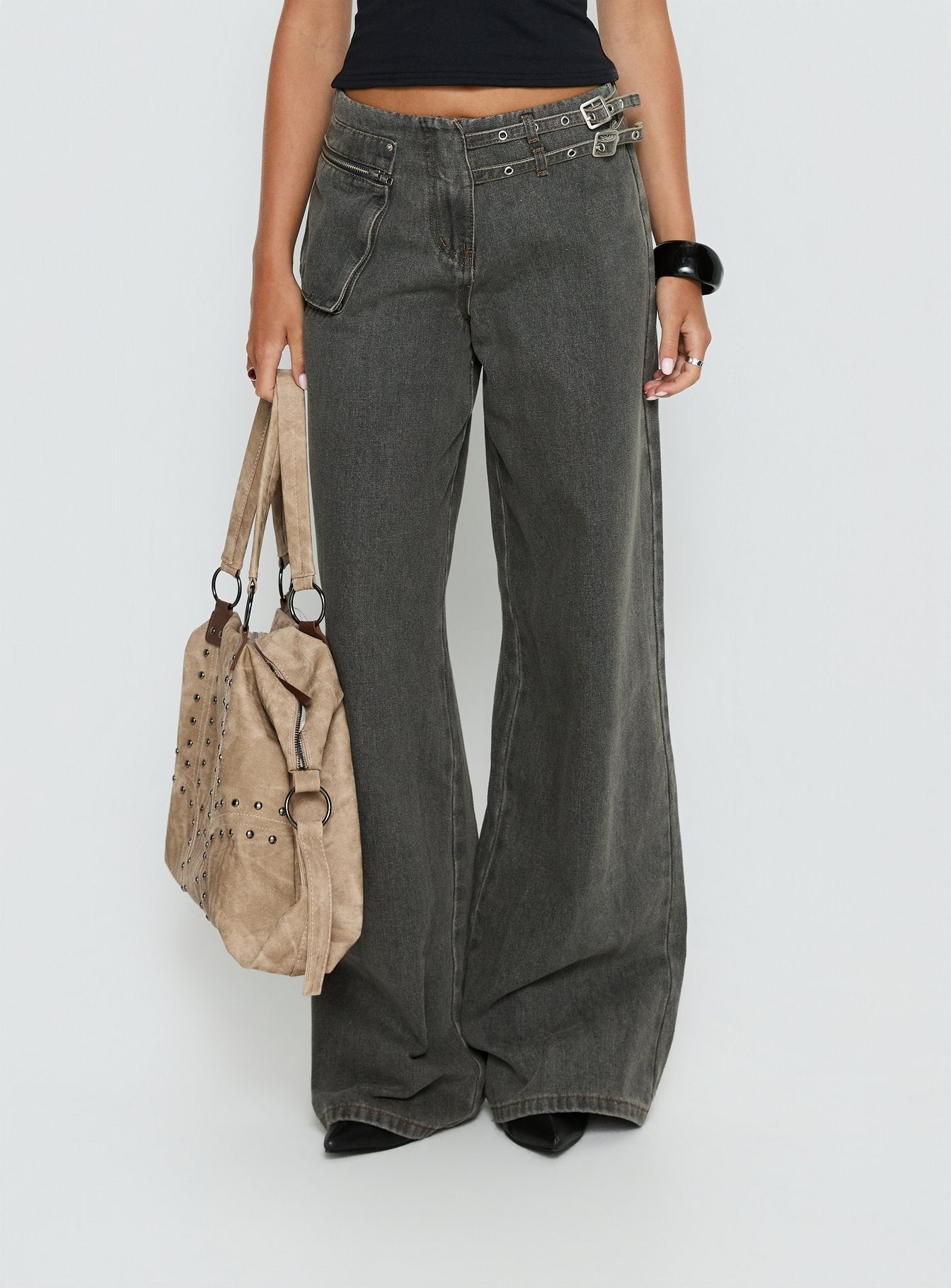 Paltrow Mid Rise Wide Leg Cargo Jeans Washed Grey women's denim jeans by Ellevoria