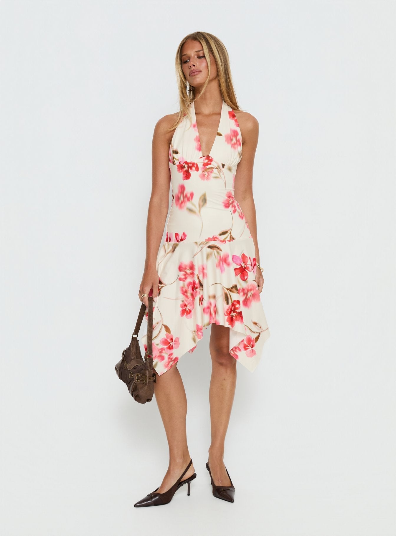 Loreza Halter Asymmetrical Midi Dress Cream Floral - women's midi dress by Ellevoria - view 2