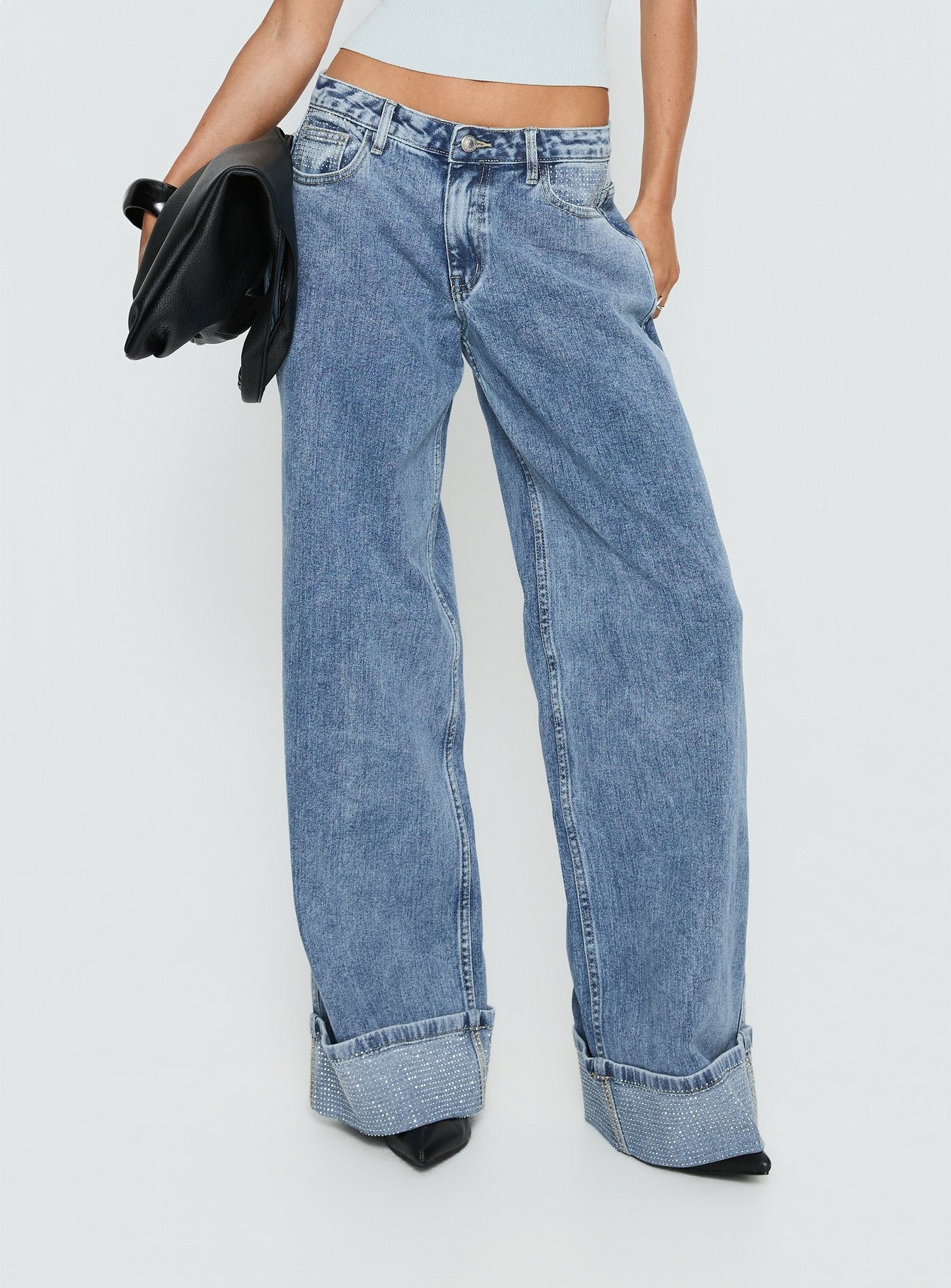 Ramos Diamante Low Rise Wide Leg Jeans Washed Mid Blue women's denim jeans by Ellevoria