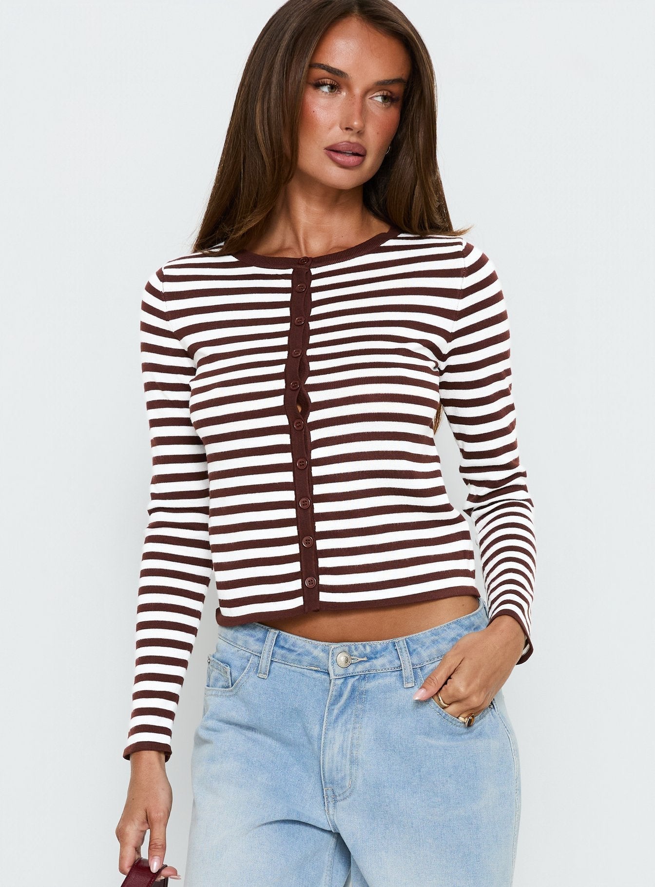Elcie Button Up Cardigan Brown Stripe women's sweater by Ellevoria
