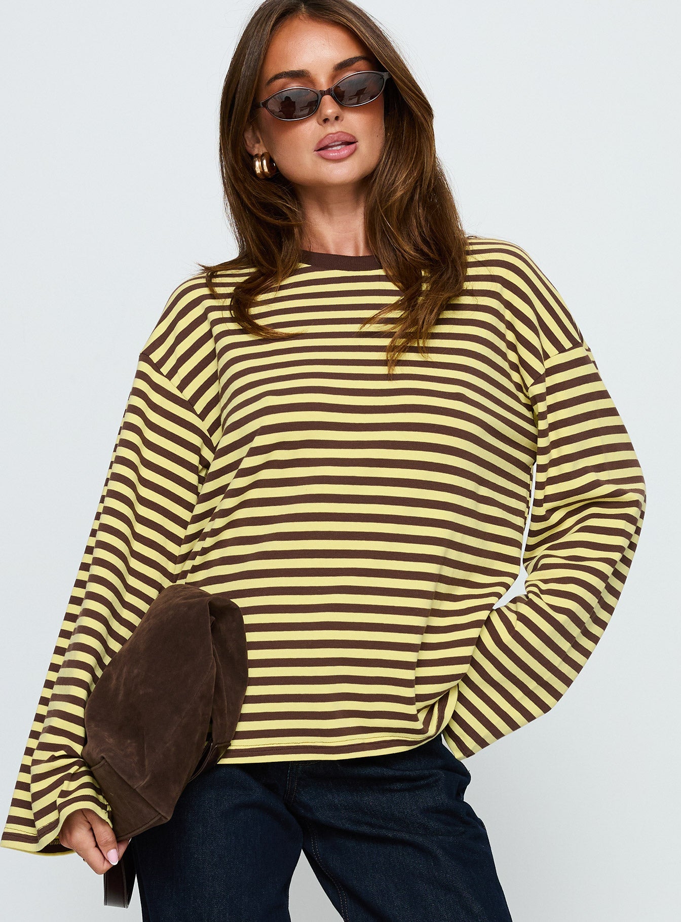 Settle Down Long Sleeve Top Yellow / Brown Stripe women's two piece set by Ellevoria