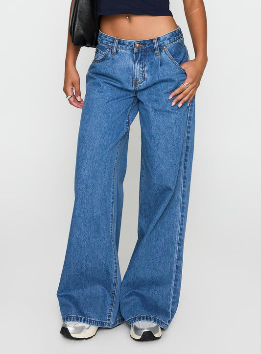 Supercut Low Rise Baggy Pleat Jeans Mid Blue women's denim jeans by Ellevoria