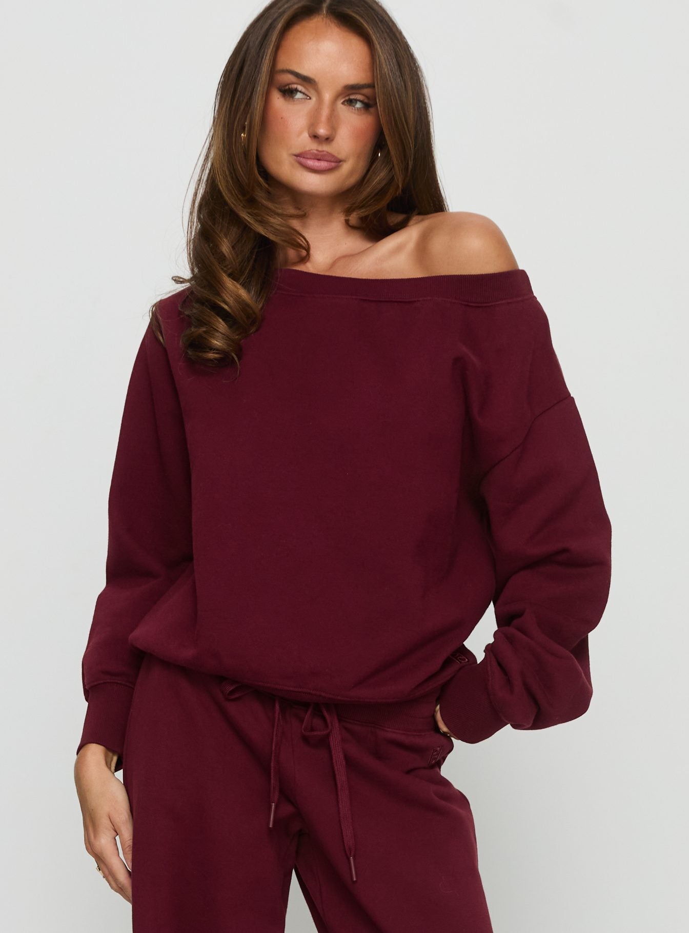 Wellness Off the Shoulder Jumper Currant women's sweater by Ellevoria