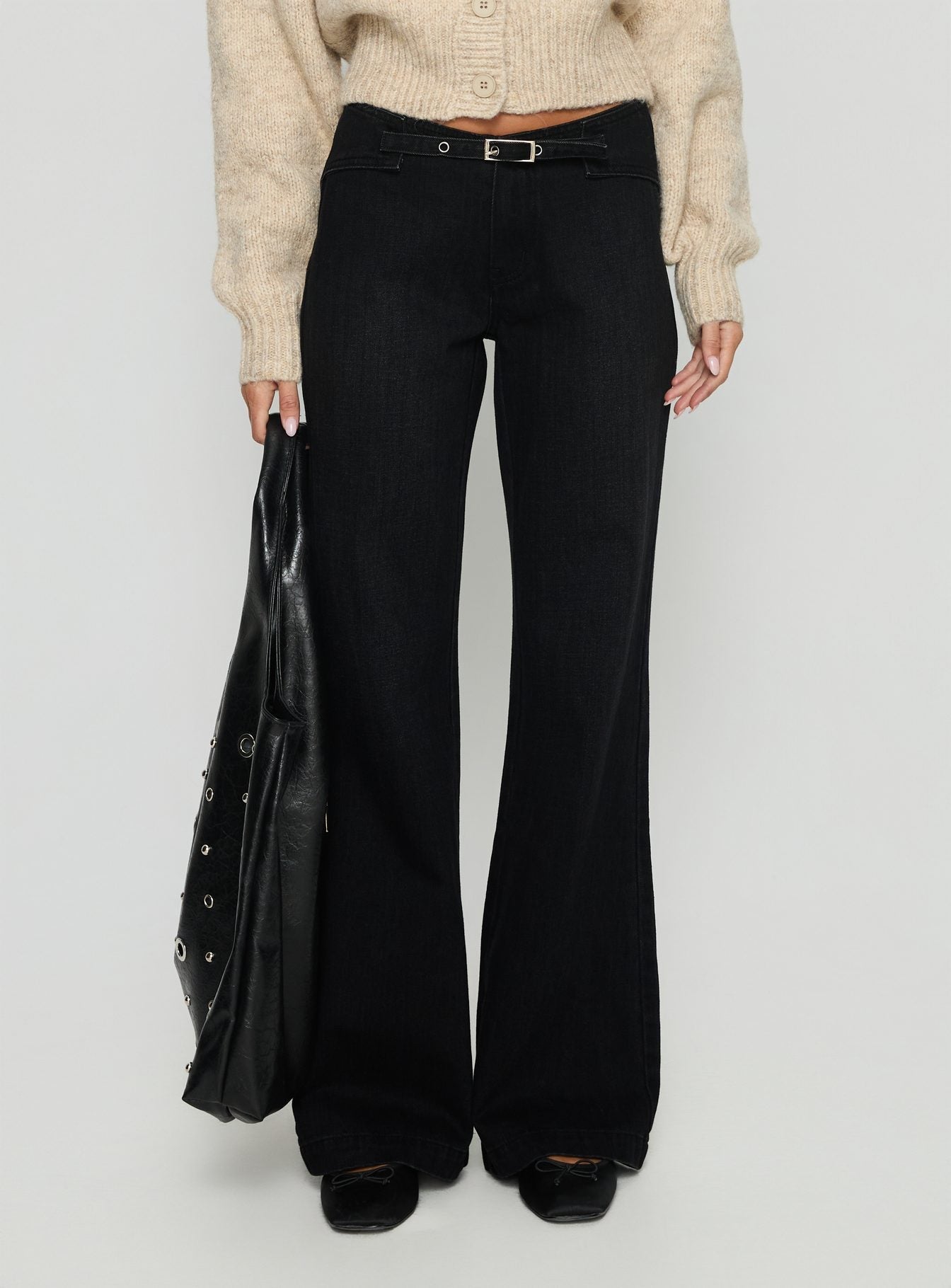 Slow Ride Mid Rise Bootleg Belted Jeans Washed Black women's denim jeans by Ellevoria