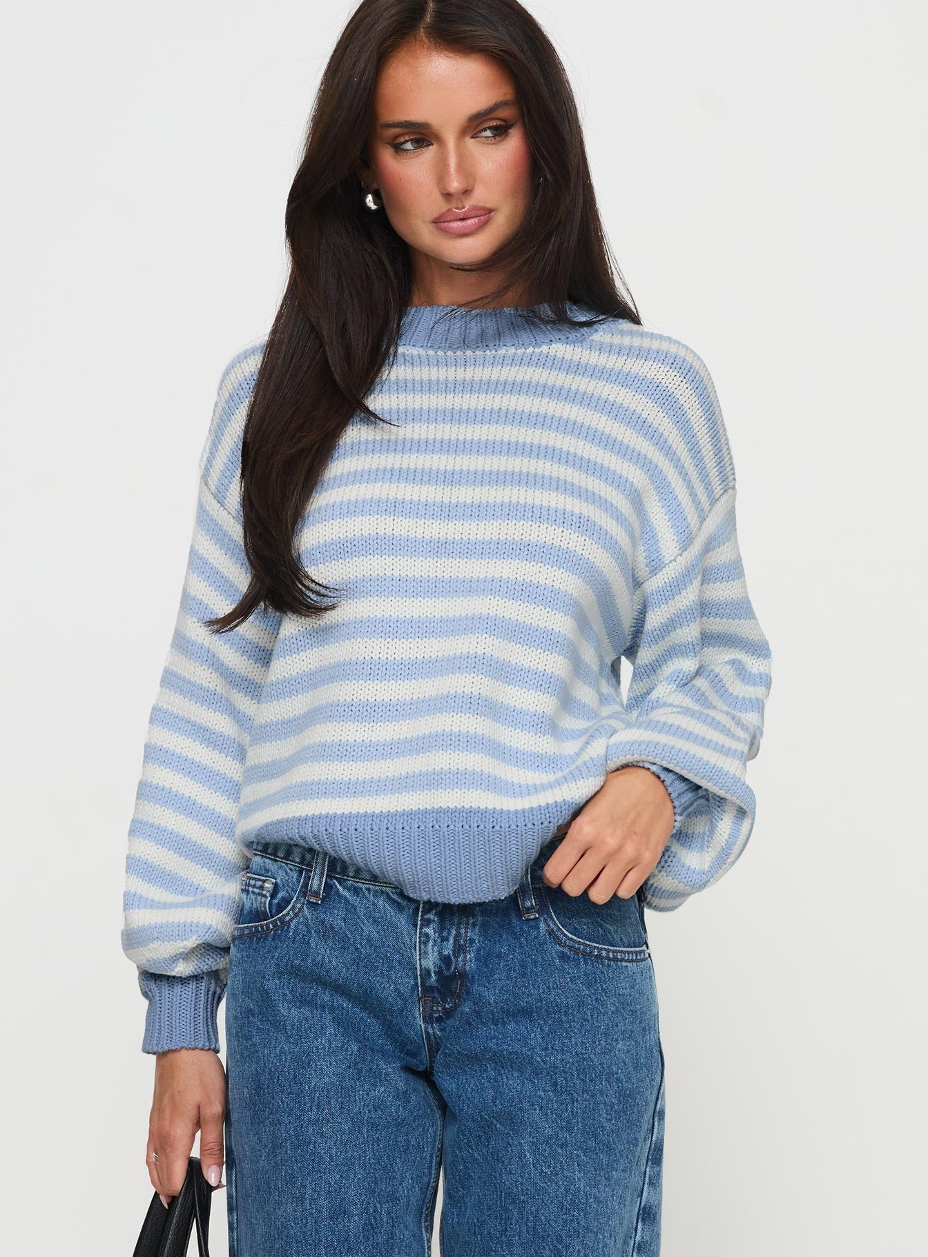 Harmony Balloon Sleeve Knit Sweater Blue / White Stripe women's sweater by Ellevoria