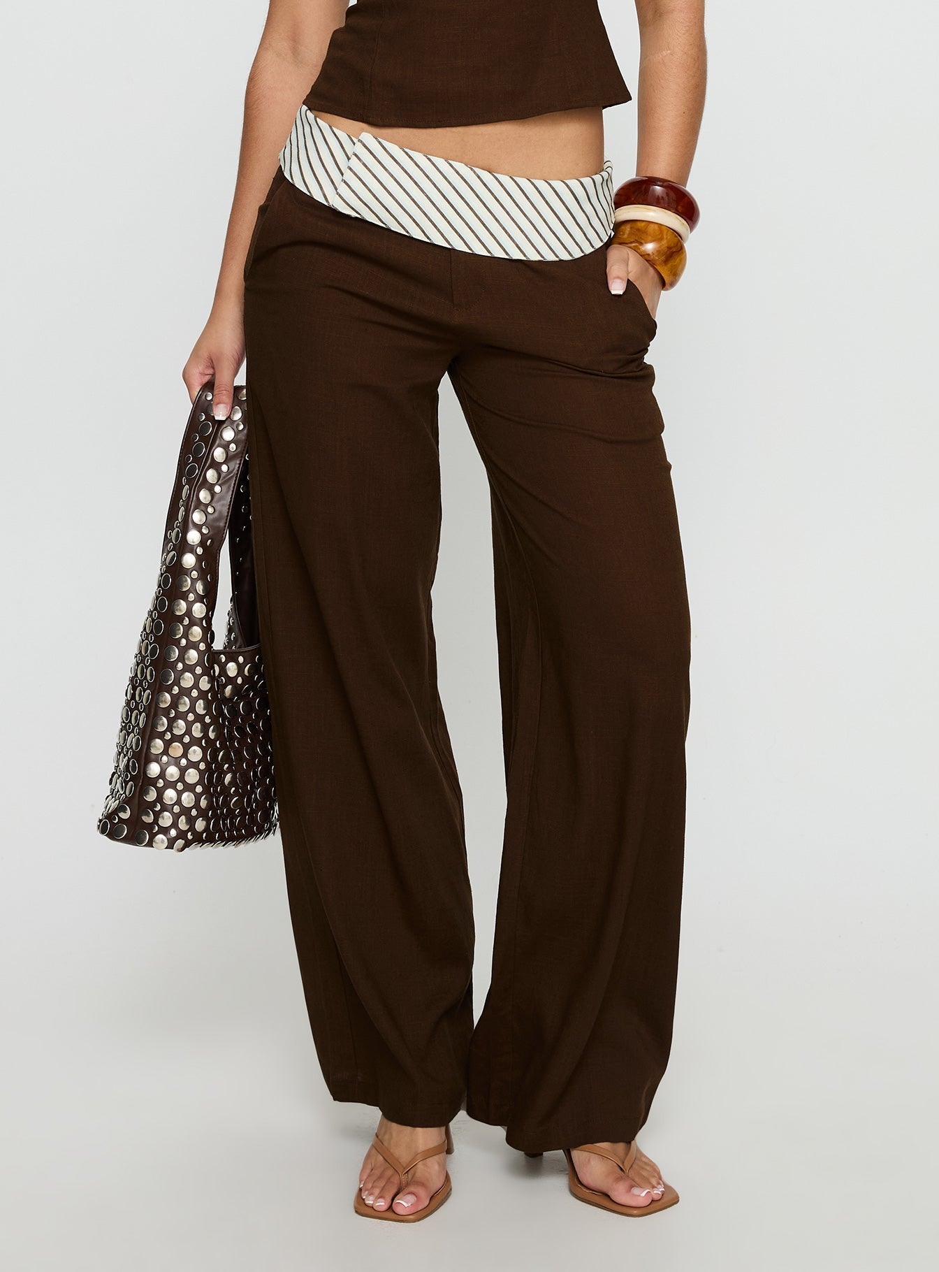Past Life Fold Over Waistband Pant Brown / Stripe women's pant set by Ellevoria