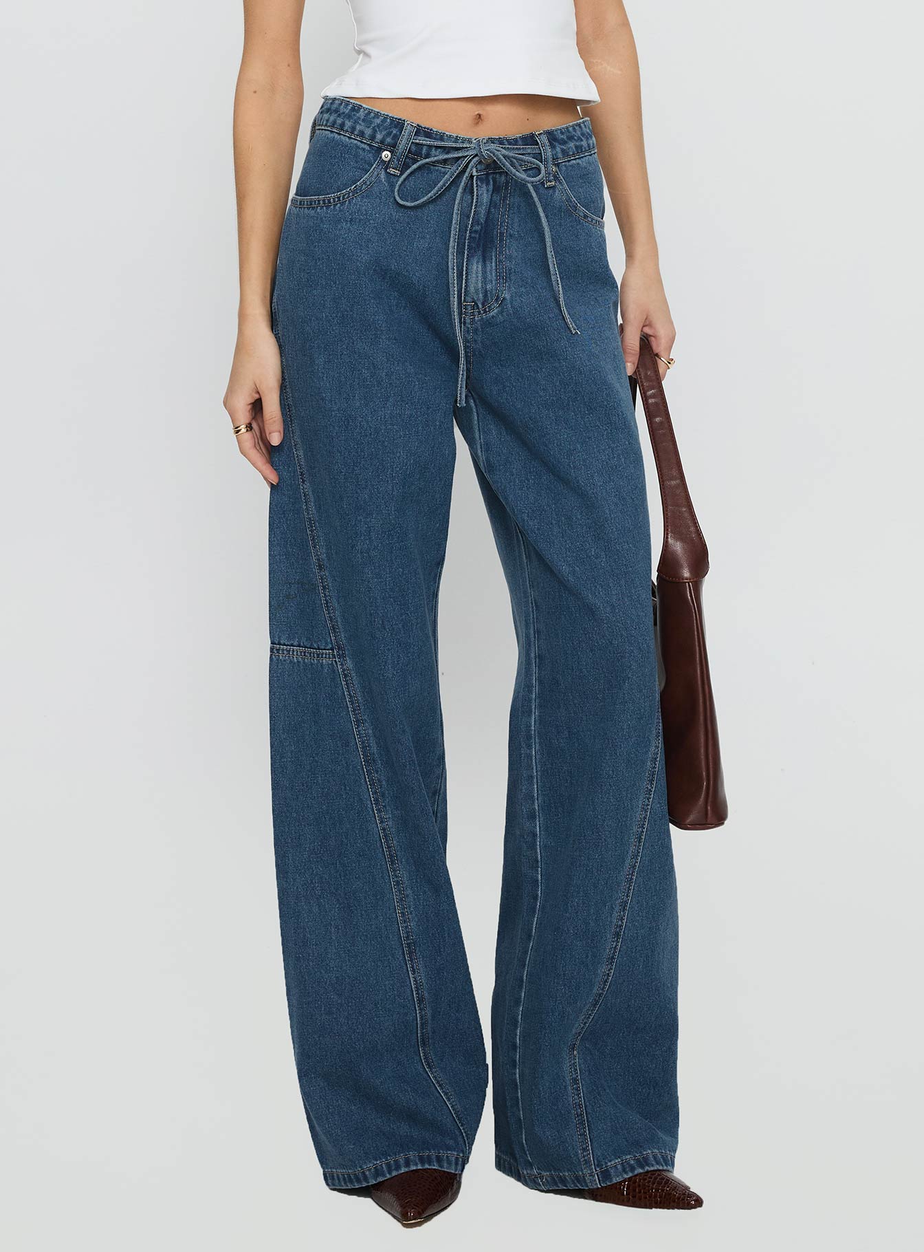 Bruiser Tie Waist Mid Rise Wide Leg Jeans Mid Blue Wash women's denim jeans by Ellevoria