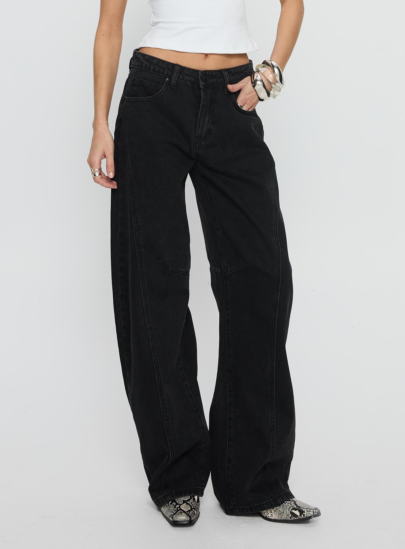 Lost Track Mid Rise Barrel Leg Jeans Washed Black women's denim jeans by Ellevoria