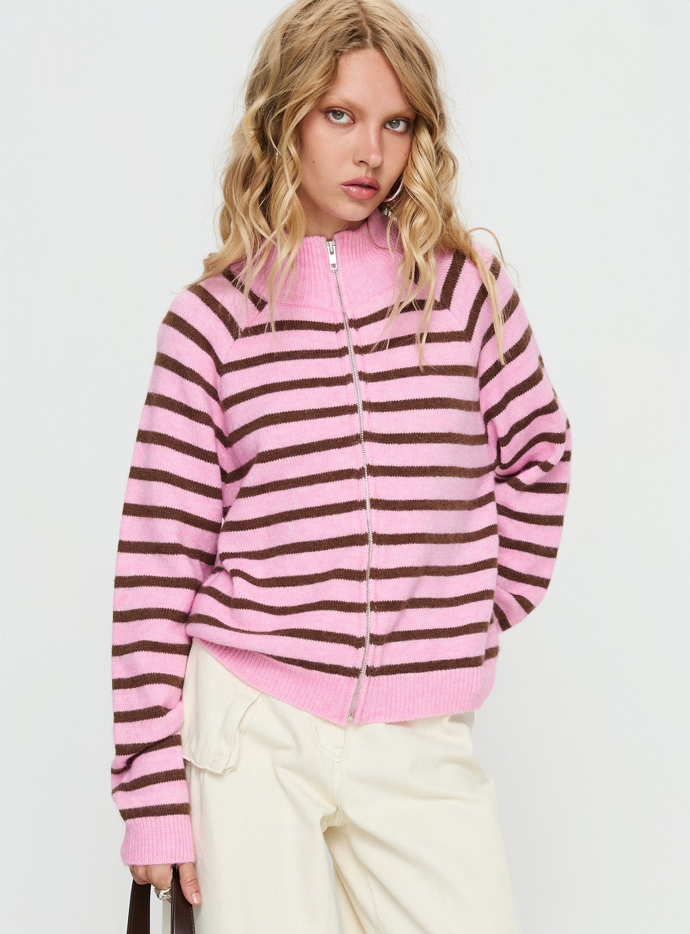 Kaylei Zip Through Cardigan Pink Stripe women's sweater by Ellevoria