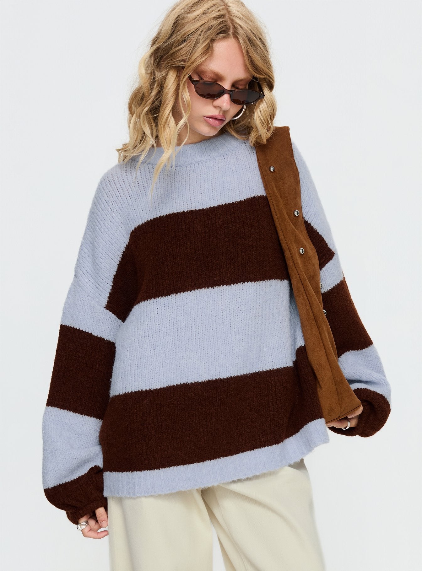 Bastien Crew Neck Knit Sweater Blue / Chocolate Stripe women's sweater by Ellevoria