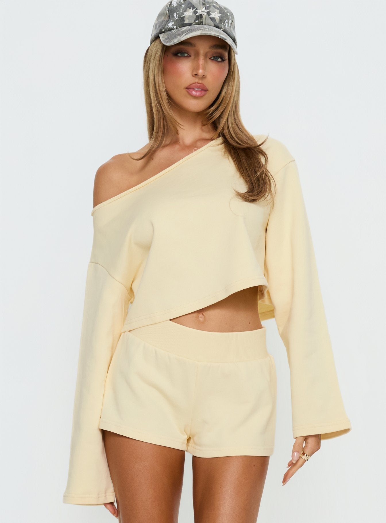 Retreat Raw Edge Off Shoulder Jumper Buttercream women's sweater by Ellevoria