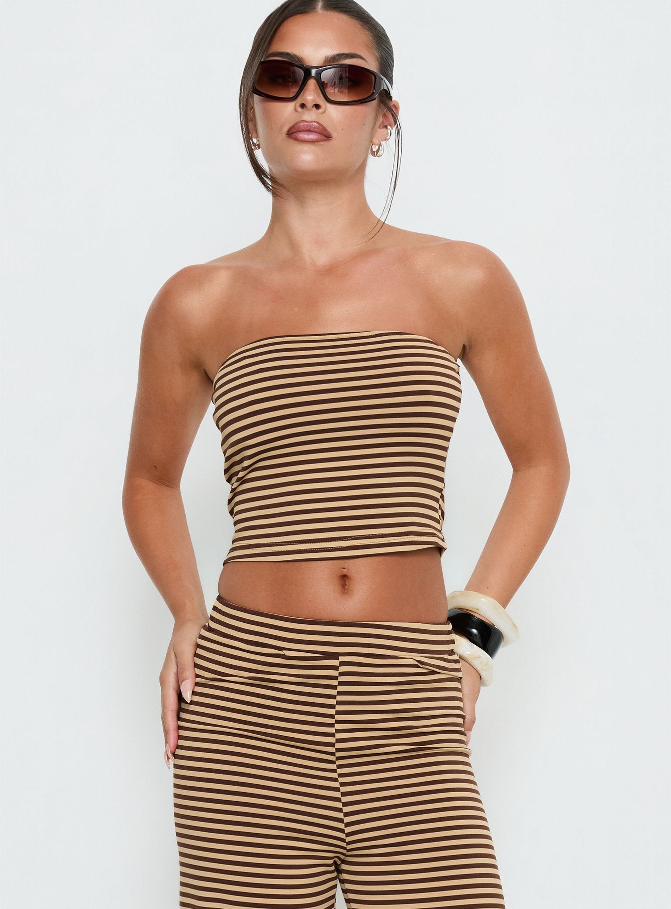 Timora Strapless Top Brown Stripe women's two piece set by Ellevoria