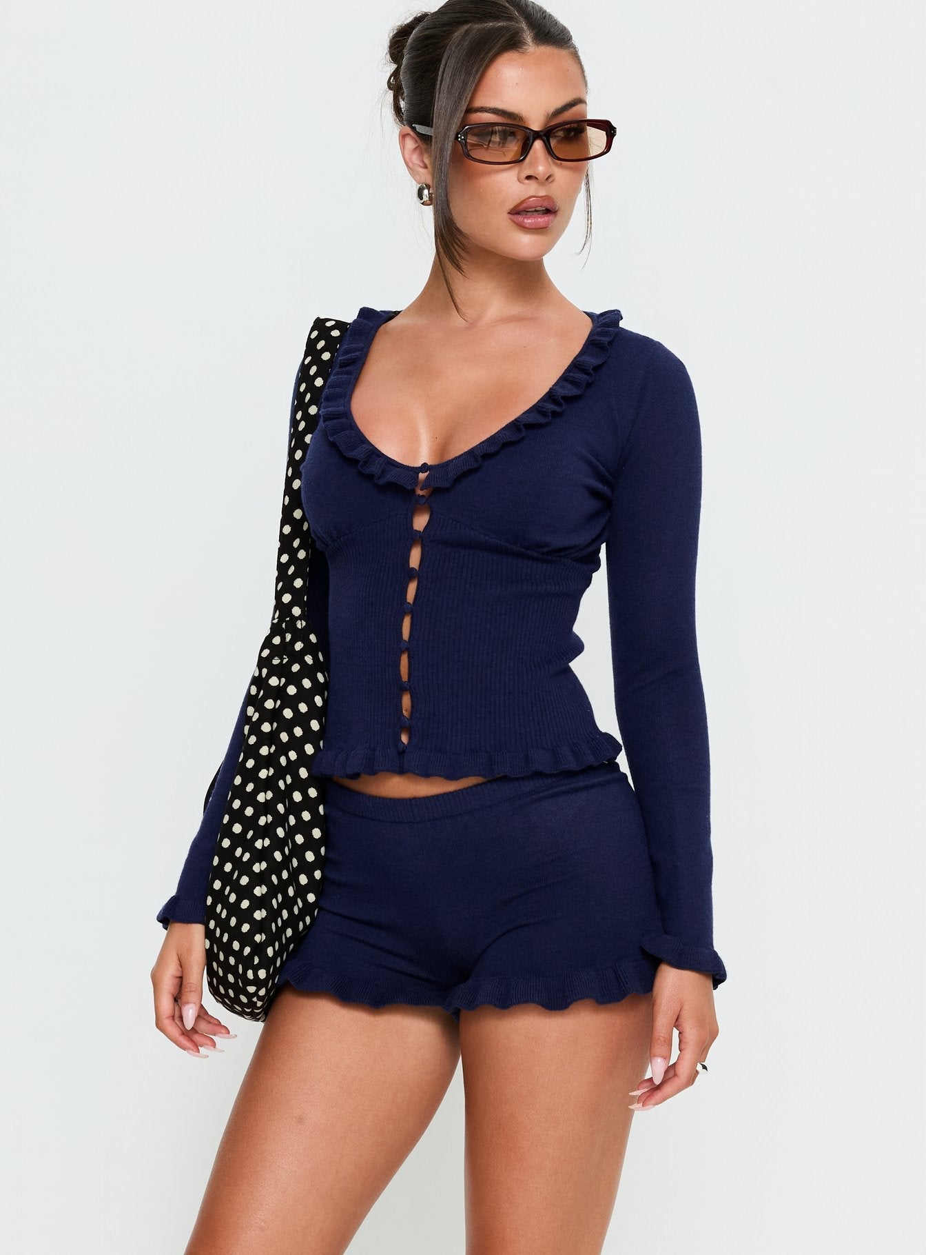 Ceria Frill Knit Shorts Navy women's matching set by Ellevoria