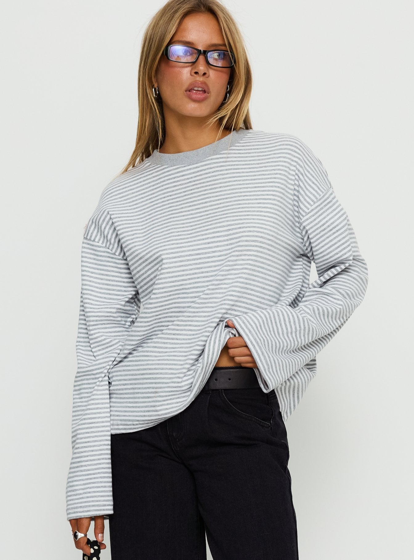 Settle Down Long Sleeve Top Grey / White Stripe women's two piece set by Ellevoria