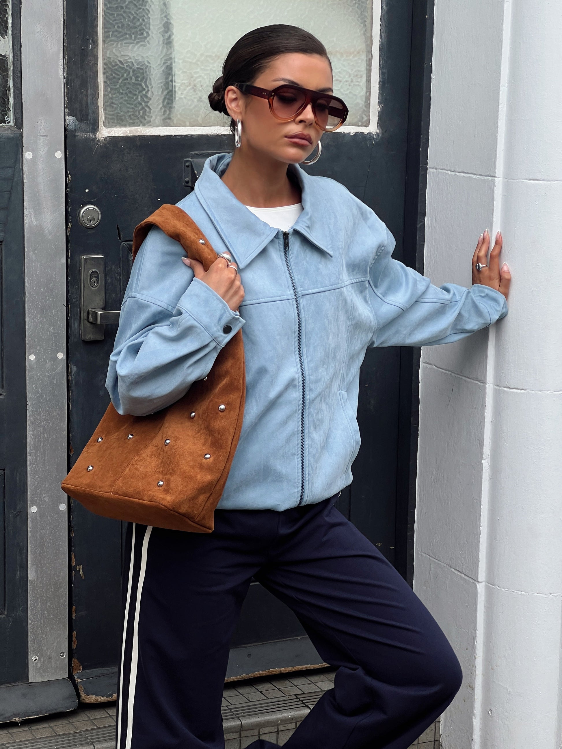 Goldsmith Faux Suede Bomber Jacket Blue women's jacket by Ellevoria