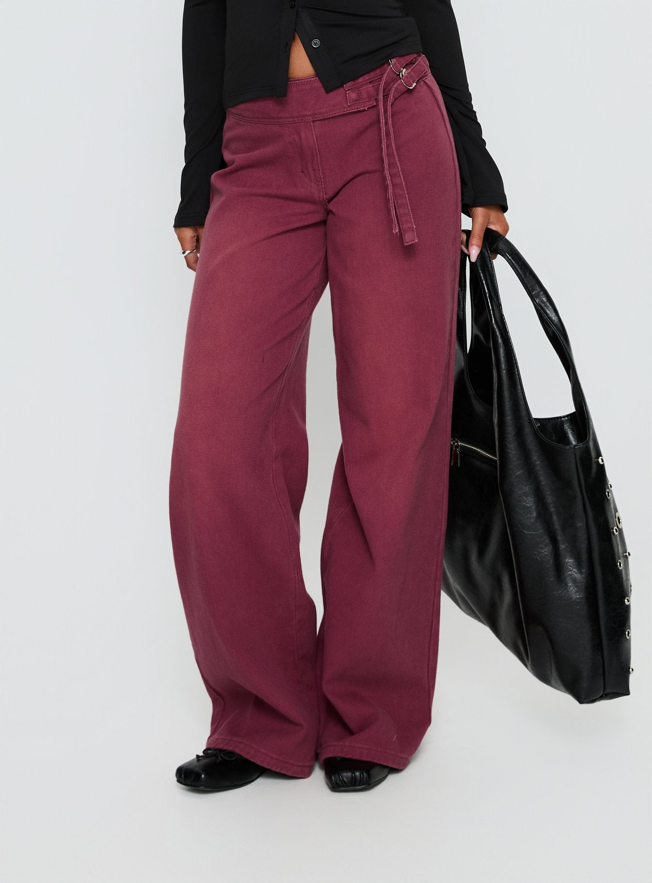 Boxie Mid Rise Wide Leg Jeans Washed Burgundy women's denim jeans by Ellevoria
