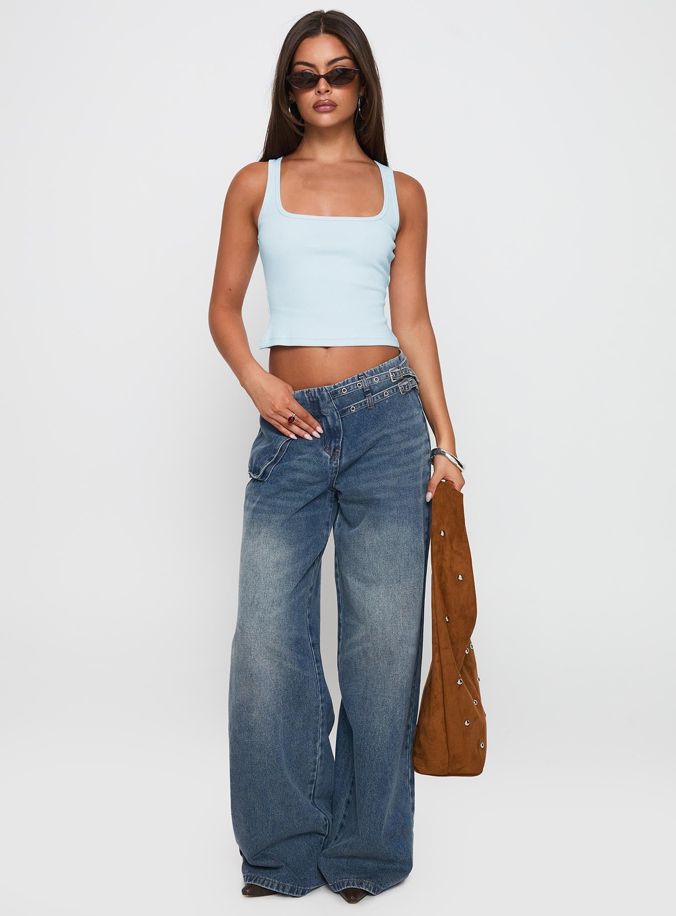 Paltrow Mid Rise Wide Leg Cargo Jeans Mid Blue Wash women's denim jeans by Ellevoria
