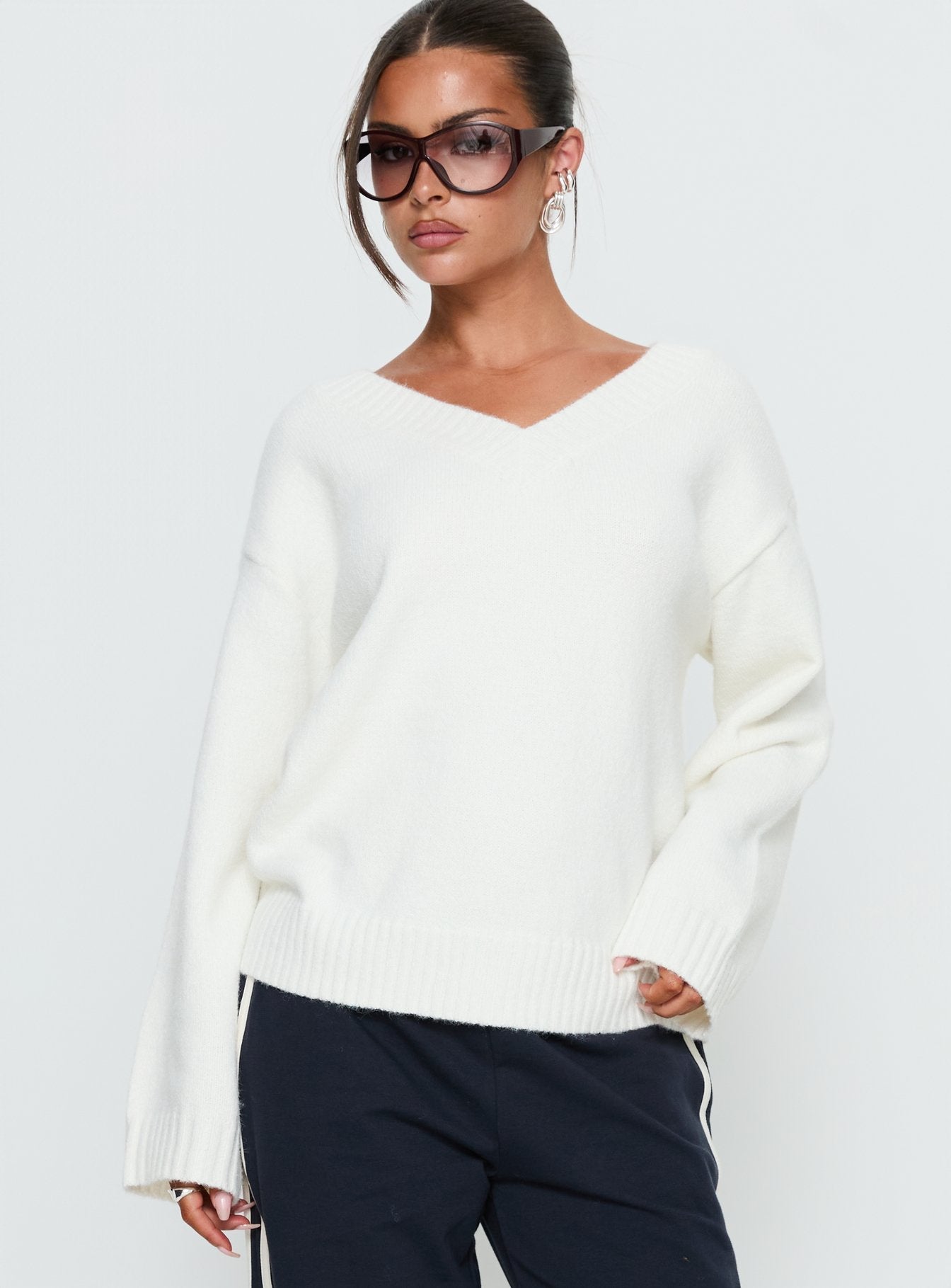 Kaileigh V Neck Knit Sweater Cream women's sweater by Ellevoria