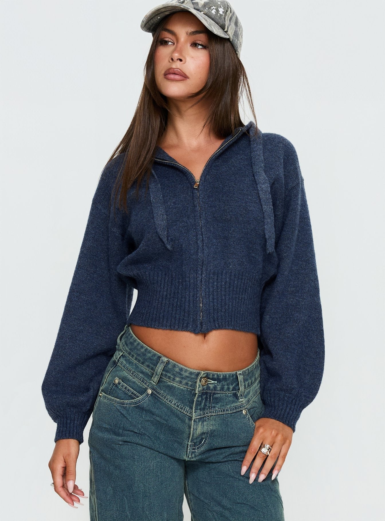 Kieley Zip Through Knit Hoodie Navy women's sweater by Ellevoria
