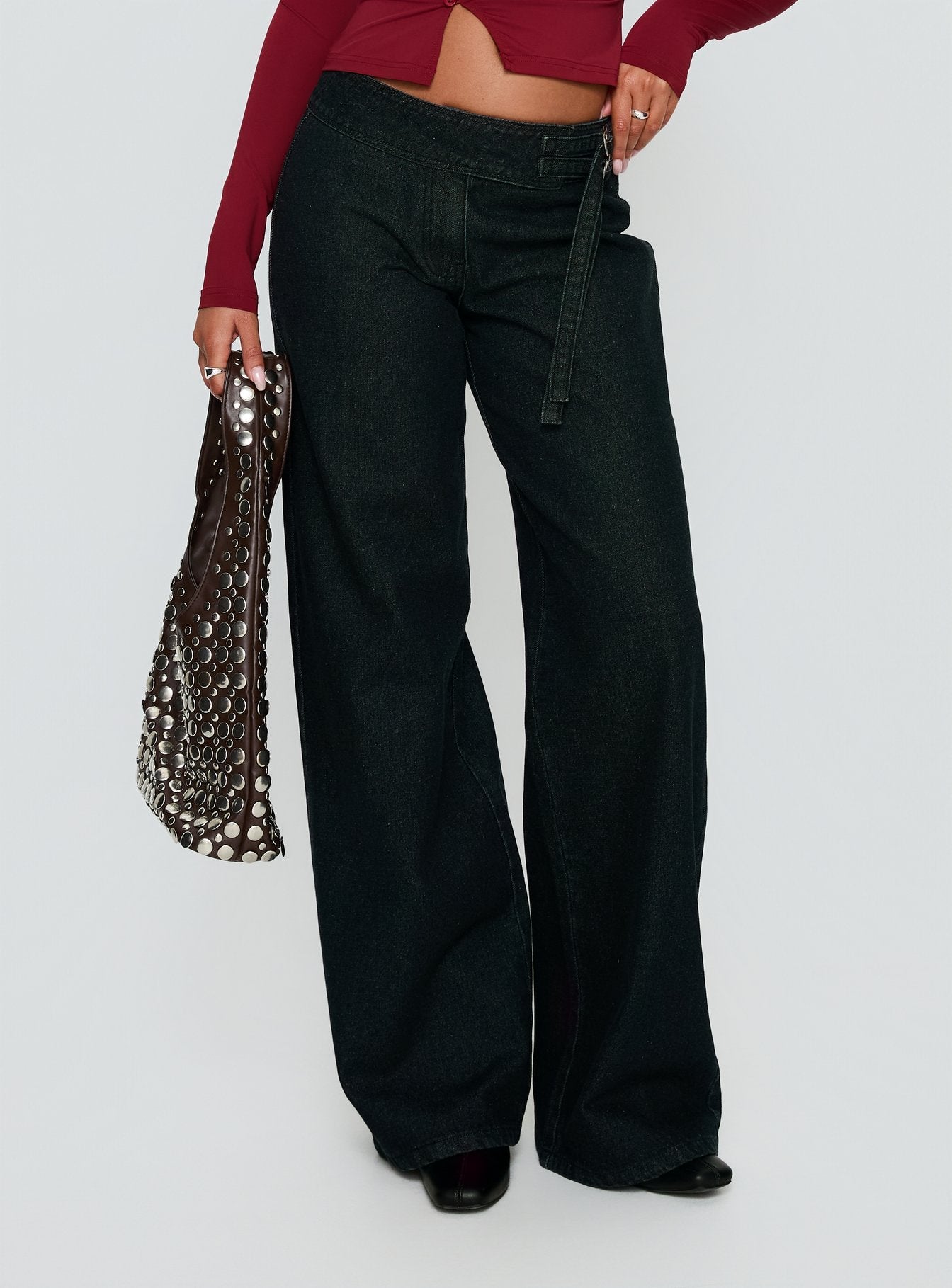Boxie Mid Rise Wide Leg Jeans Washed Black women's denim jeans by Ellevoria
