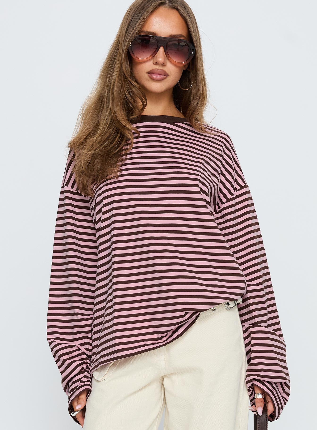 Settle Down Long Sleeve Top Pink / Brown Stripe women's two piece set by Ellevoria