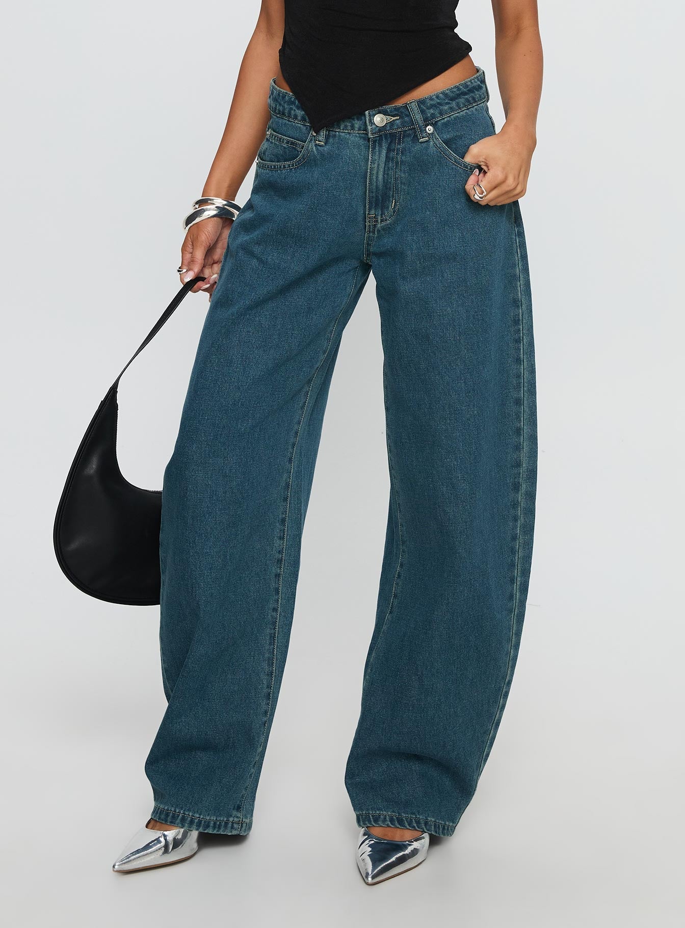 Juda Mid Rise Barrel Leg Jeans Mid Blue Wash women's denim jeans by Ellevoria
