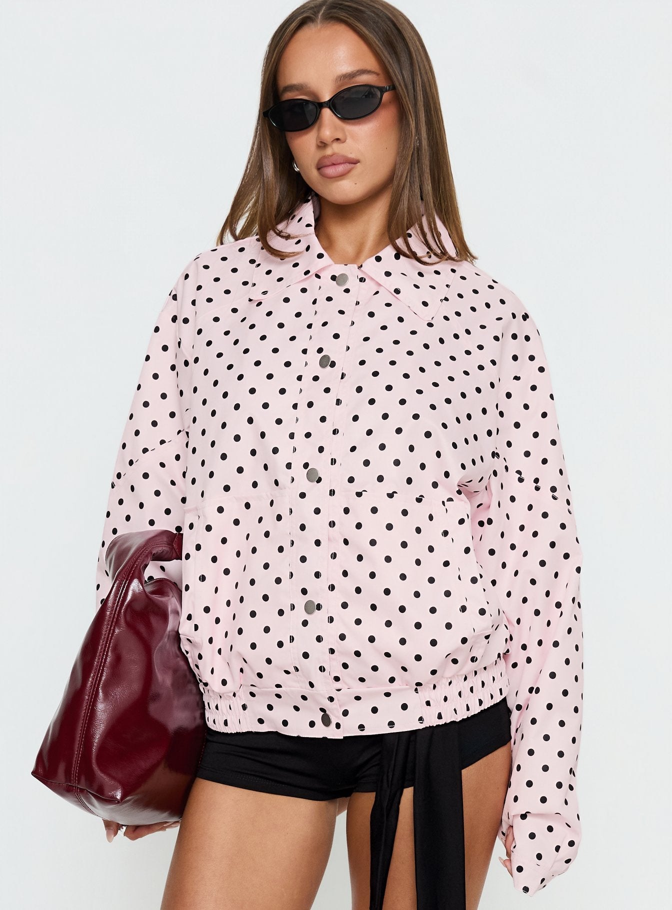 Swayer Oversized Jacket Pink Polka Dot women's jacket by Ellevoria