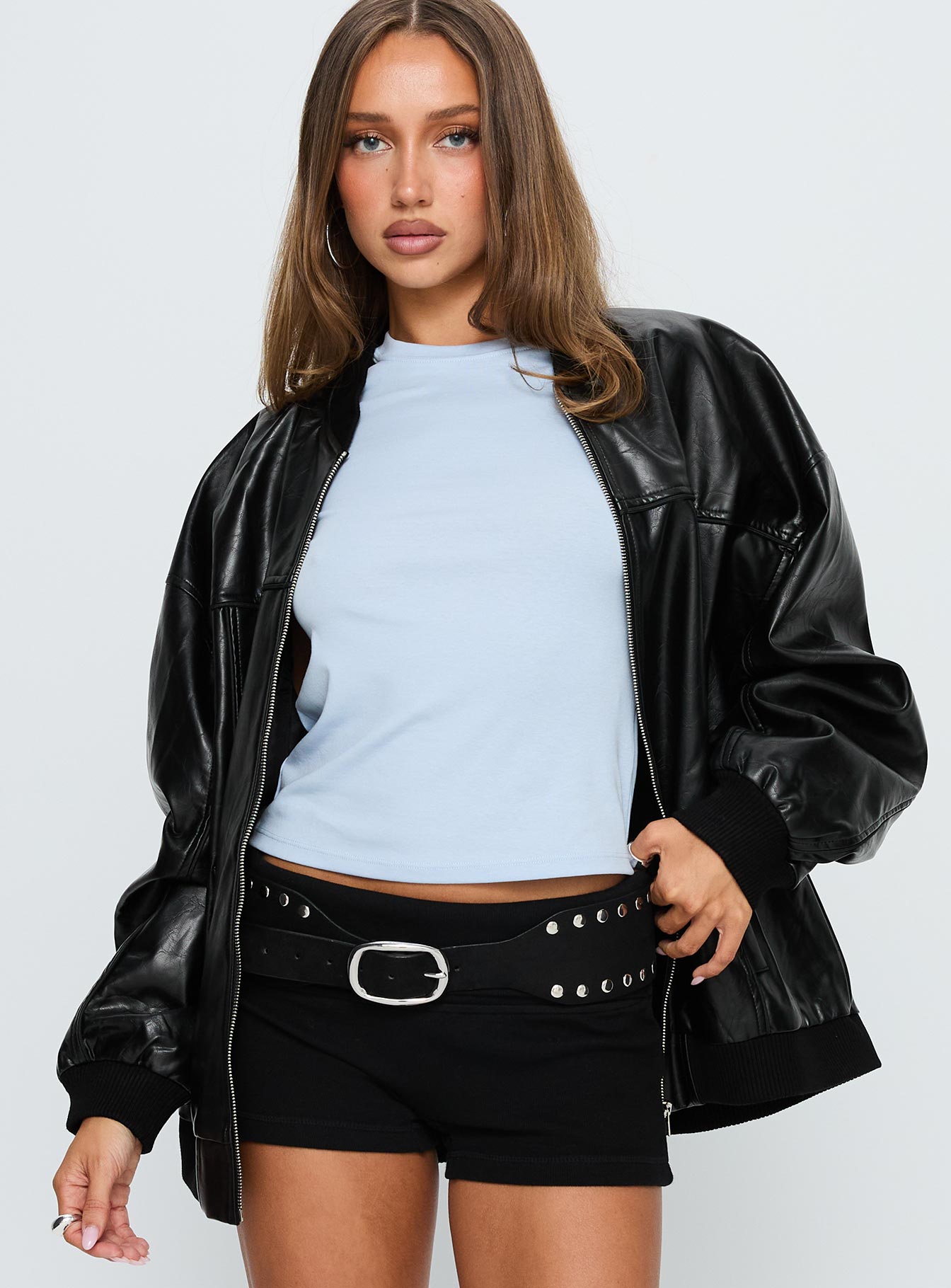 Believe It Faux Leather Bomber Jacket Black women's jacket by Ellevoria
