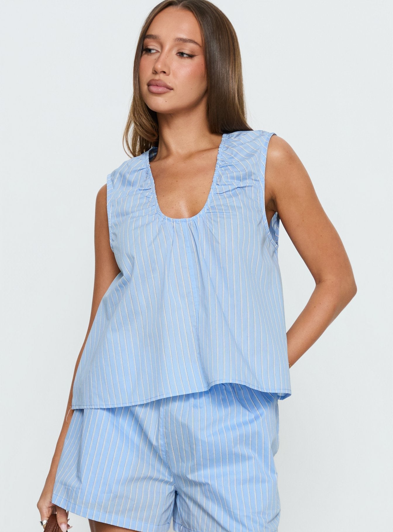 Carambola Ruched Sleeveless Top Blue women's matching set by Ellevoria