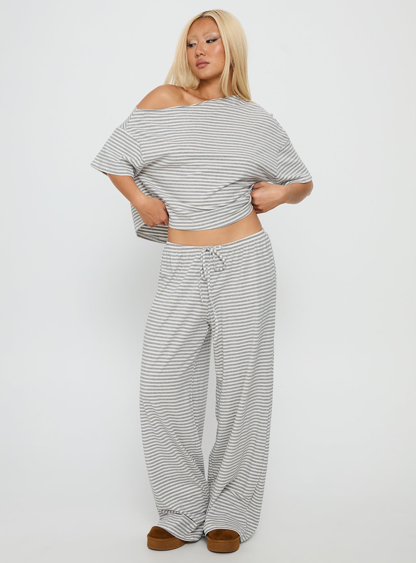 Tobie Off Shoulder Sleep Set Grey Stripe women's two piece set by Ellevoria