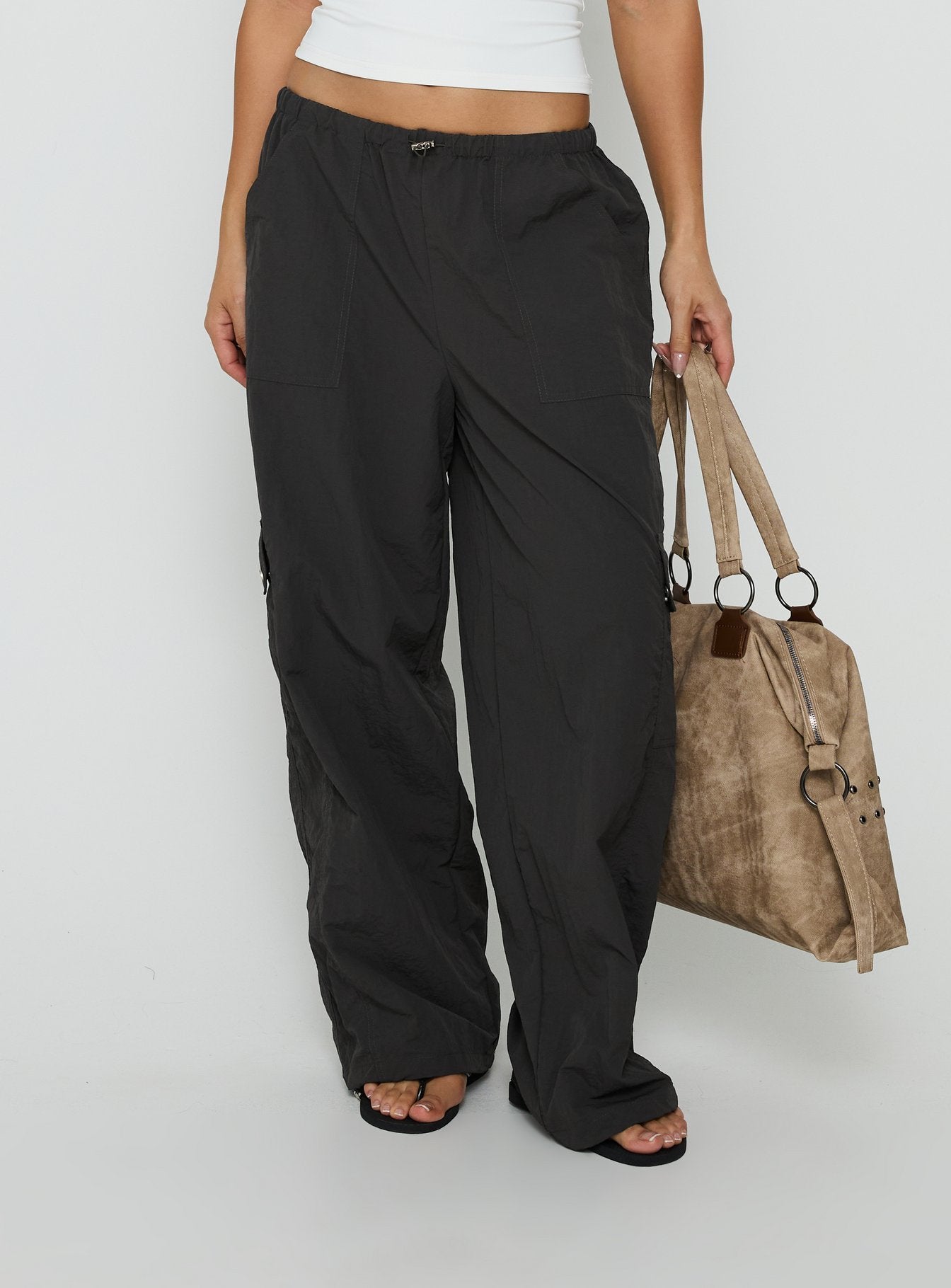 Lost On You Parachute Cargo Pants Charcoal - loose fit women's bottoms by Ellevoria