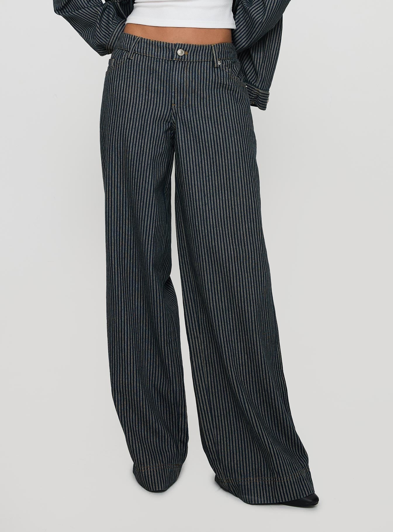 Actually Invested Low Rise Pants Denim Stripe women's pant set by Ellevoria