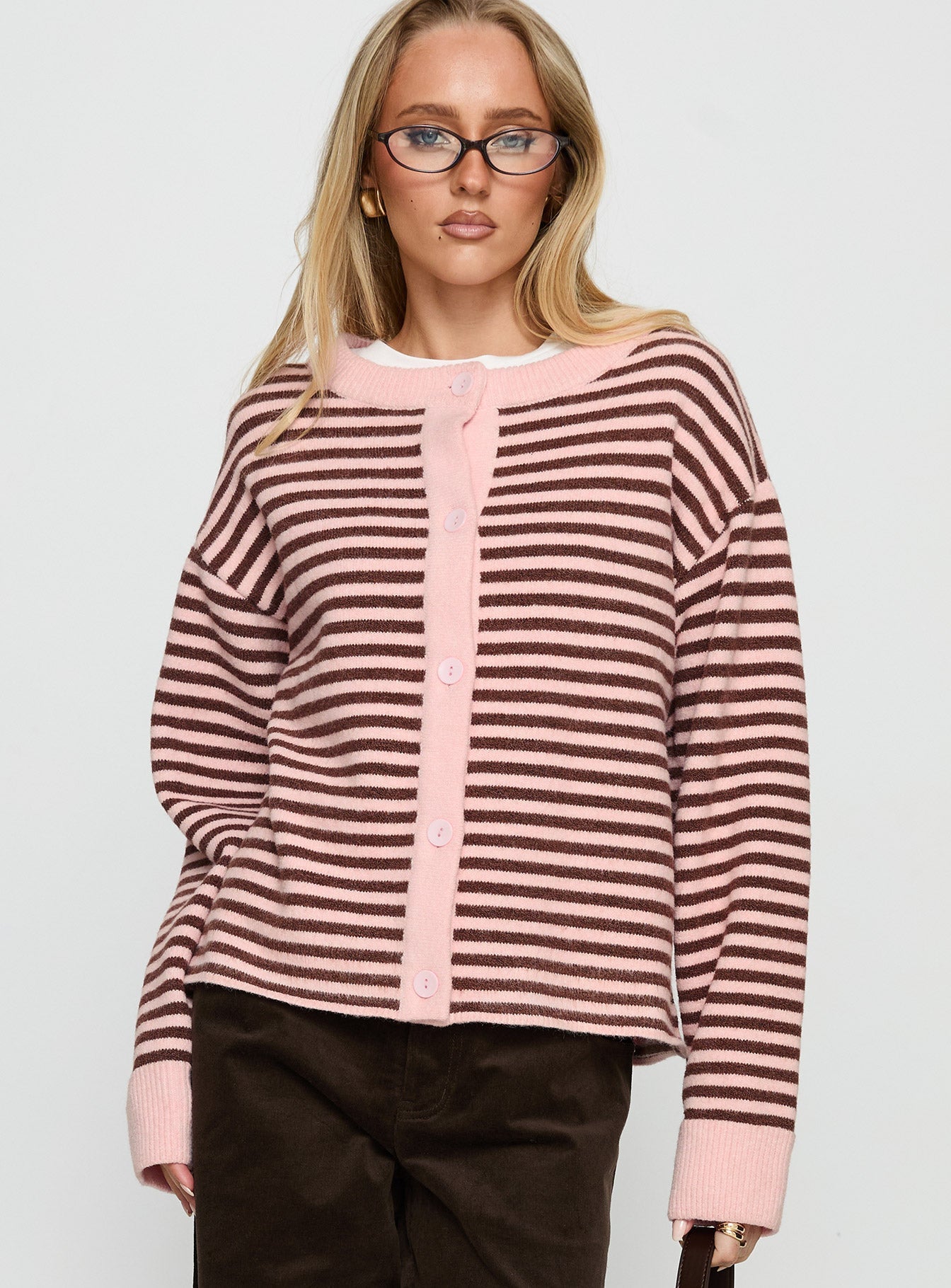 Darnelle Button Up Knit Cardigan Pink Stripe women's sweater by Ellevoria