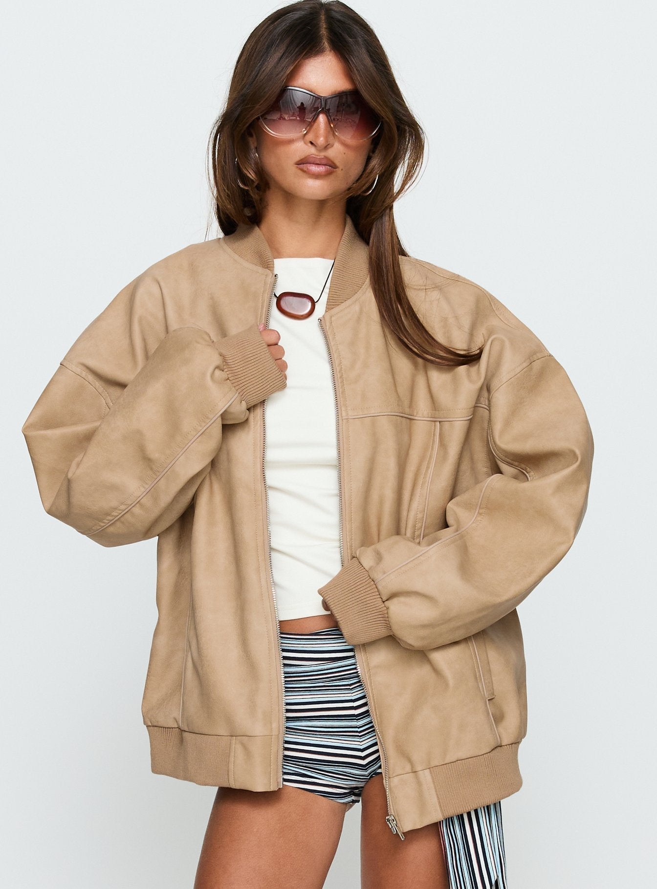 Believe It Faux Leather Bomber Jacket Washed Stone women's jacket by Ellevoria