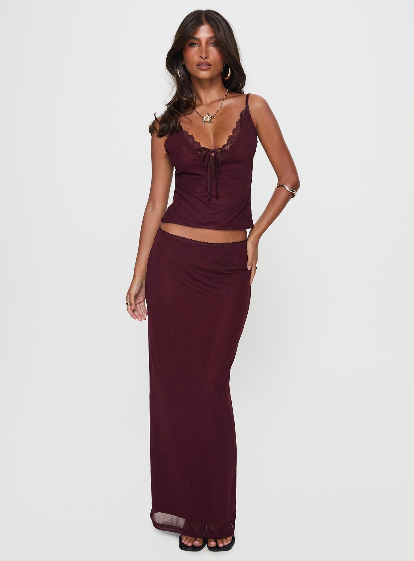 Reiko Lace Trim Tie Front Maxi Set Burgundy women's two piece set by Ellevoria