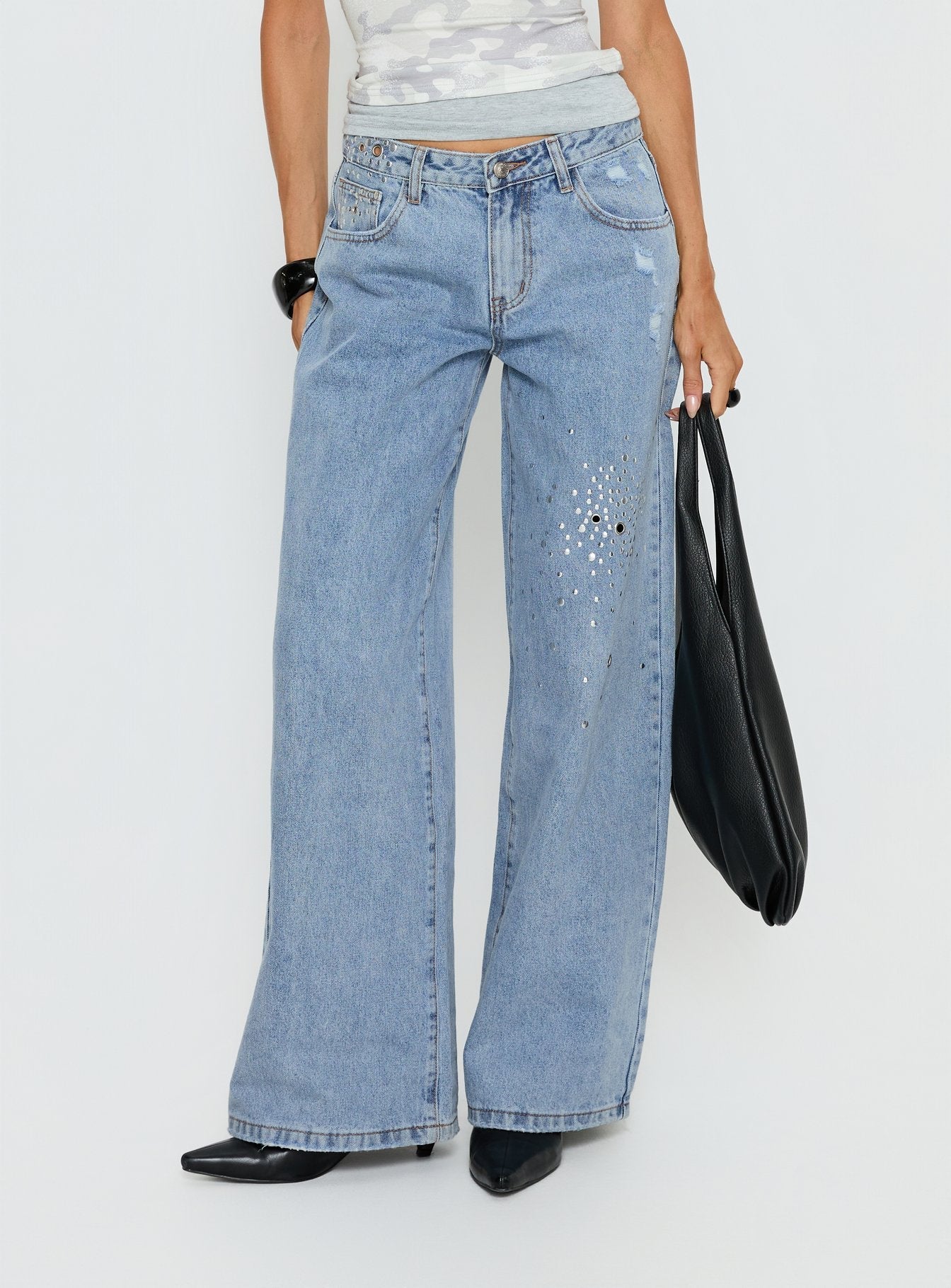 Candi Mid Rise Wide Leg Studded Jeans Light Blue Wash women's denim jeans by Ellevoria