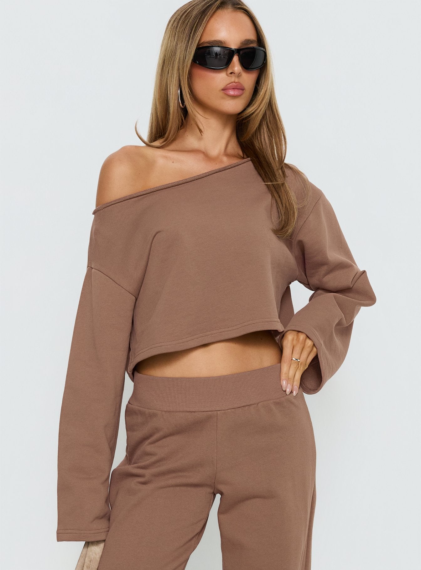 Retreat Raw Edge Off Shoulder Jumper Cocoa women's sweater by Ellevoria