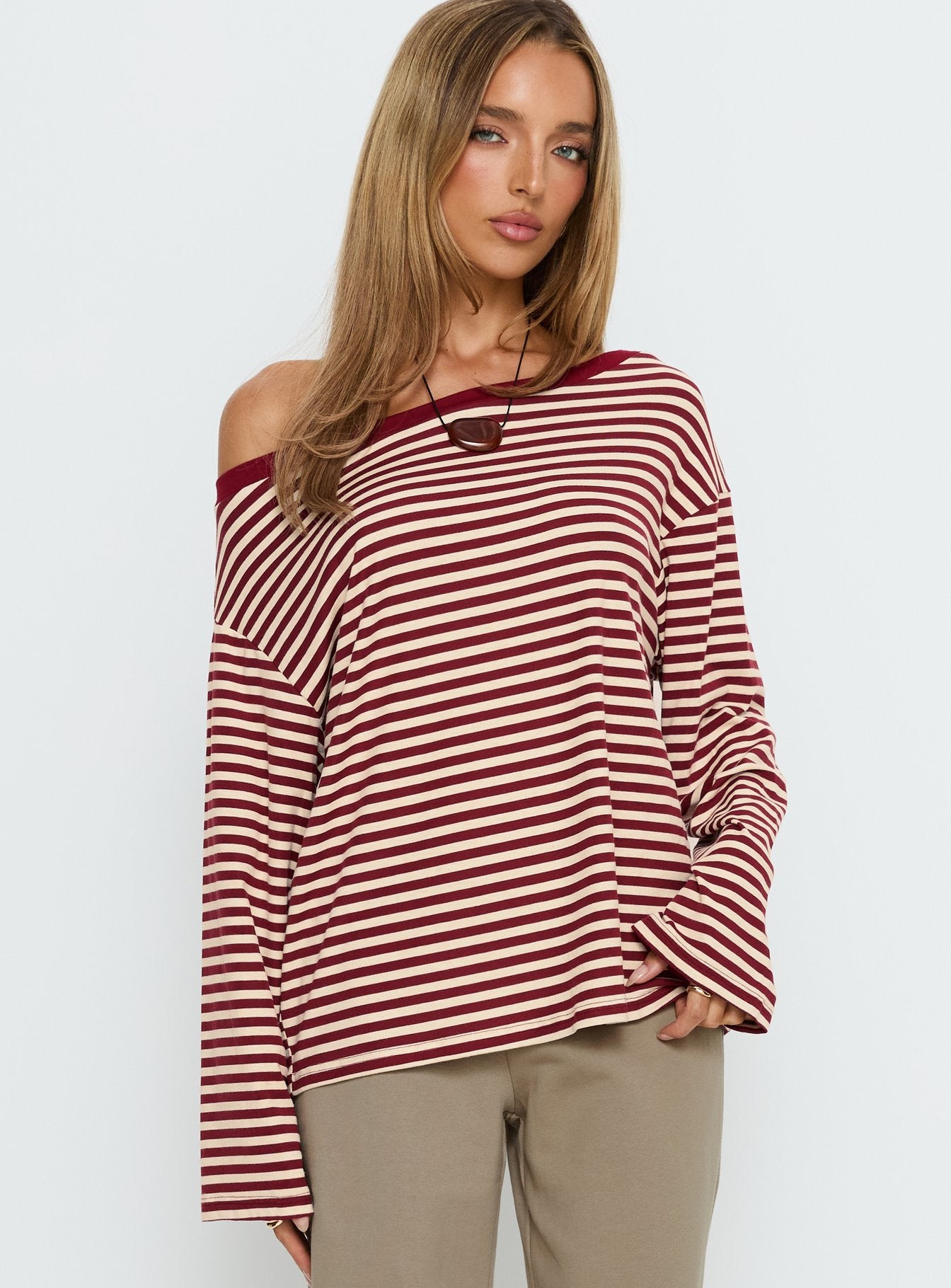 Ralyssa Off Shoulder Long Sleeve Top Red Stripe women's jacket by Ellevoria