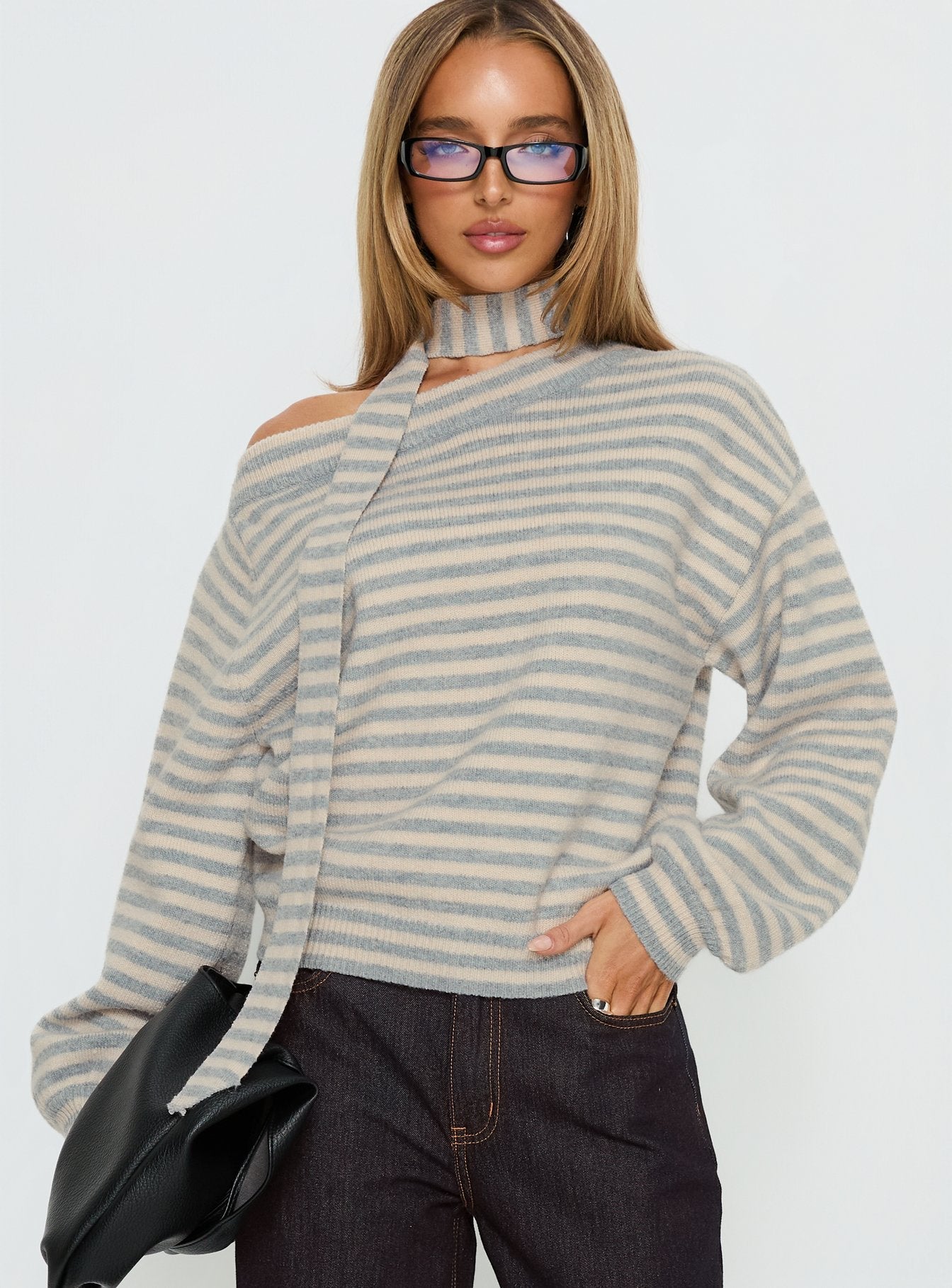 Ruthi Scarf Off Shoulder Knit Sweater Neutral Stripe women's sweater by Ellevoria