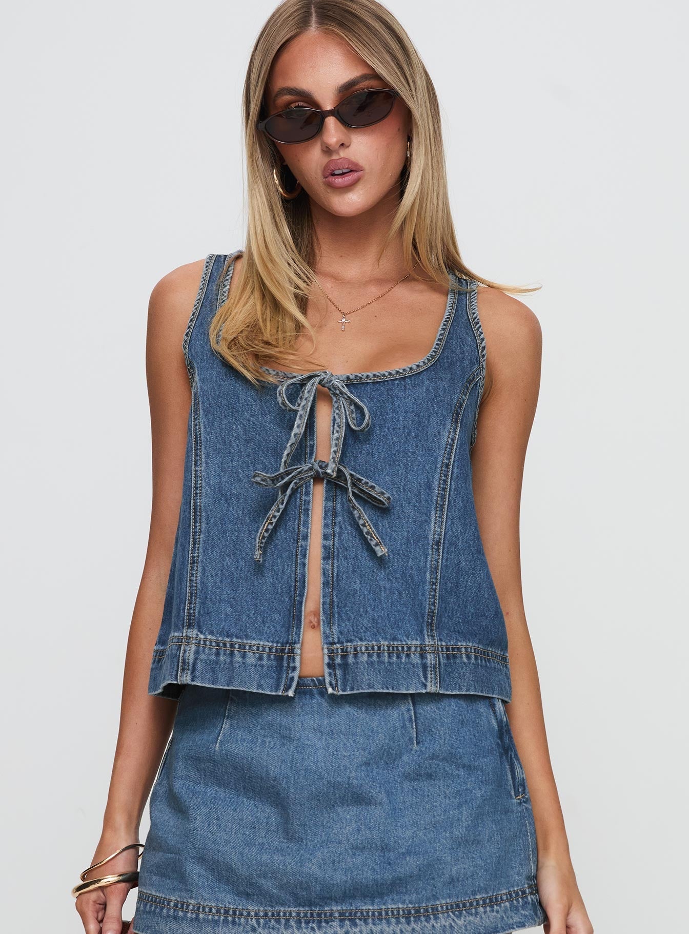 Stefenie Denim Tie Top Mid Wash women's two piece set by Ellevoria