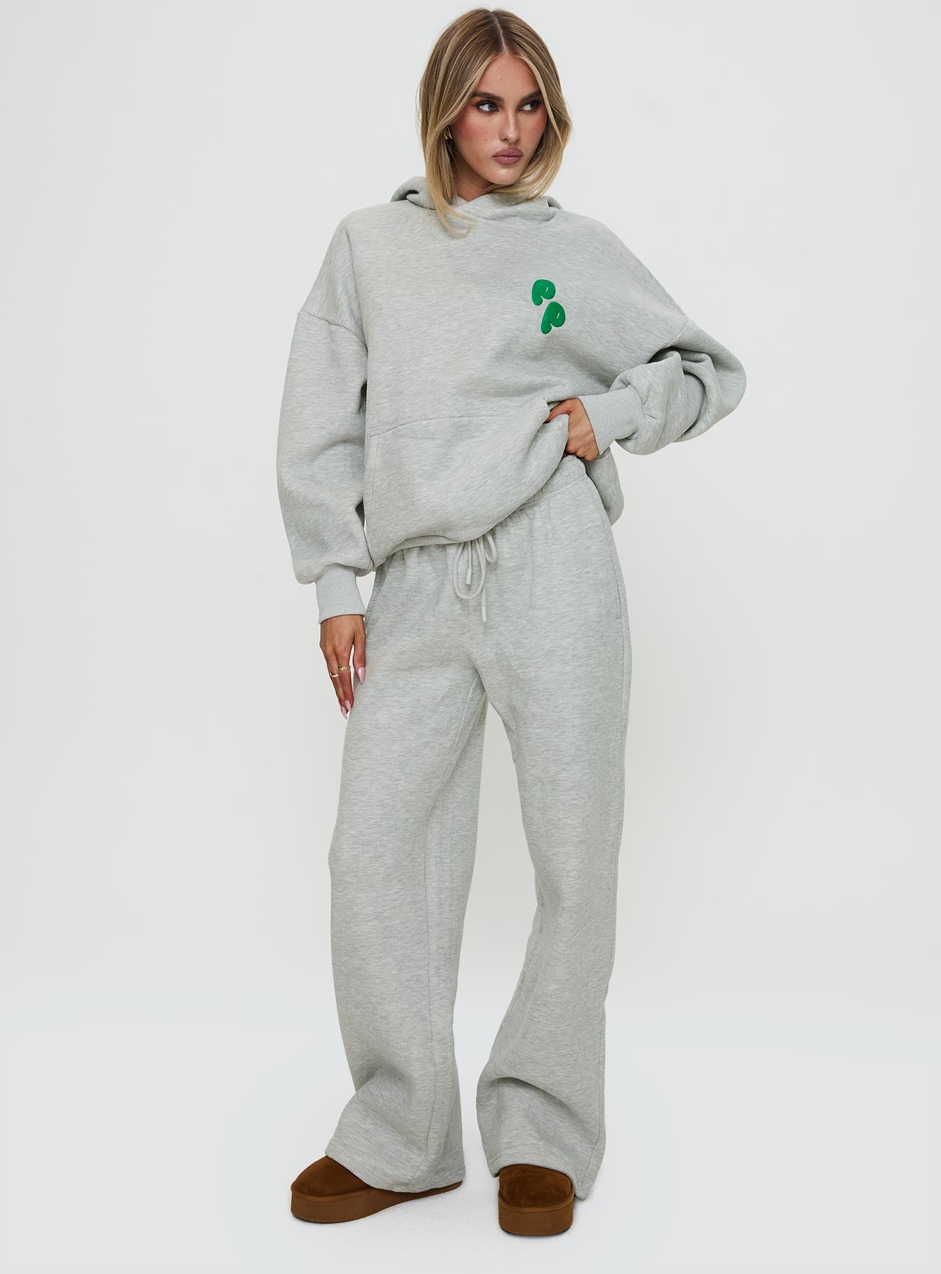 Princess Polly Wide Leg Track Pant Bubble Text Grey Marle / Green women's pant set by Ellevoria