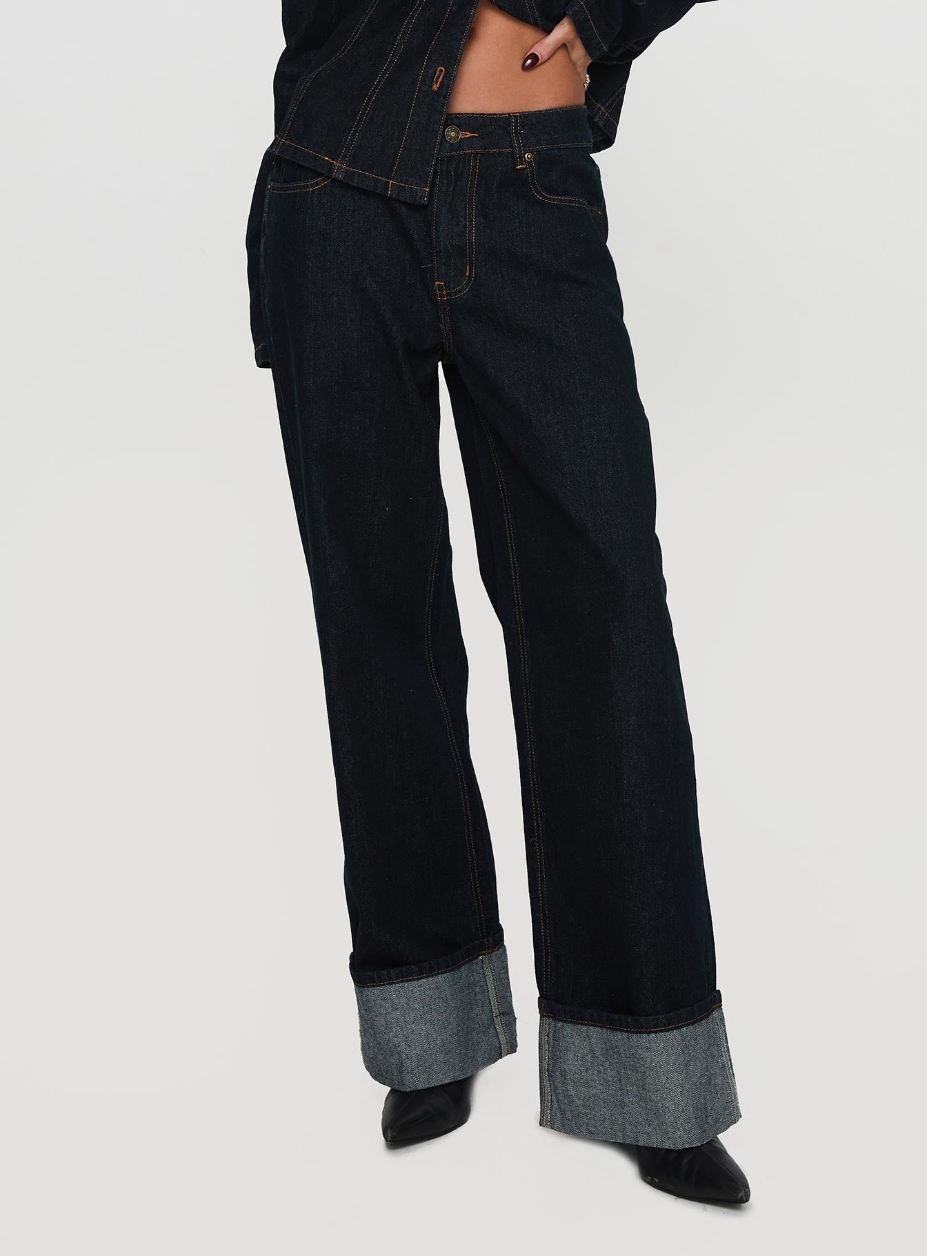 Top Model Low Rise Straight Leg Cuffed Jean Dark Denim women's denim jeans by Ellevoria