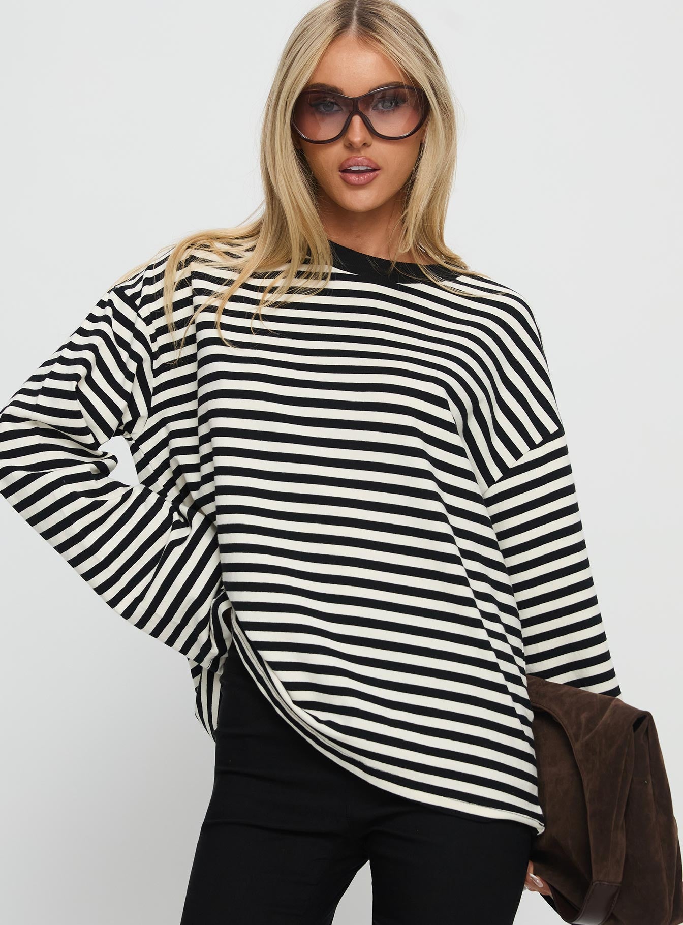 Settle Down Long Sleeve Top Black / White Stripe women's two piece set by Ellevoria